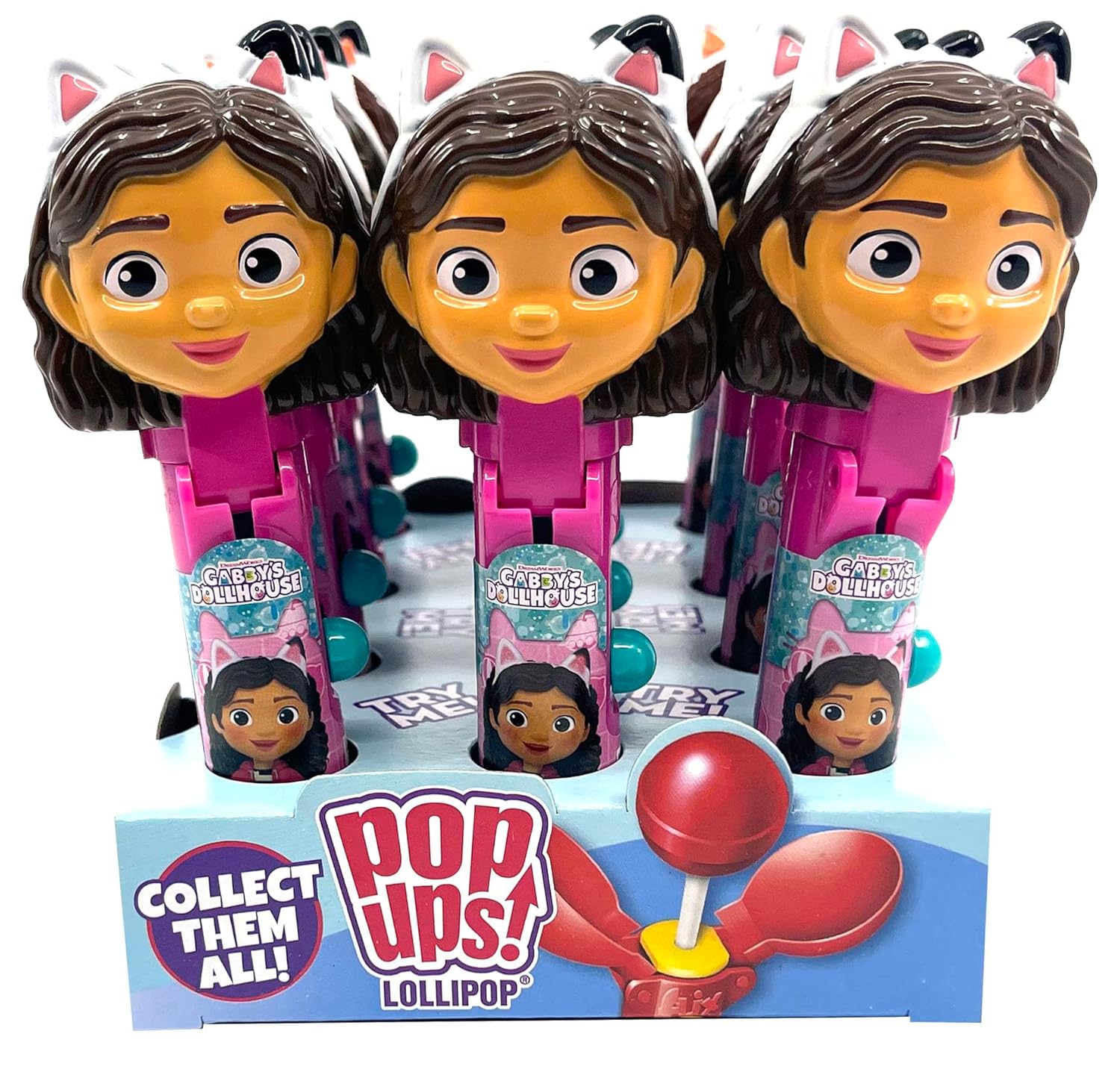 Pop Ups! Gabby's Dollhouse Lollipop Holder - 12 Lollipops with Cases - Individually Wrapped Candy Party Favors, Stocking Stuffers - Gabby's Dollhouse Candy - Bulk Set of 12
