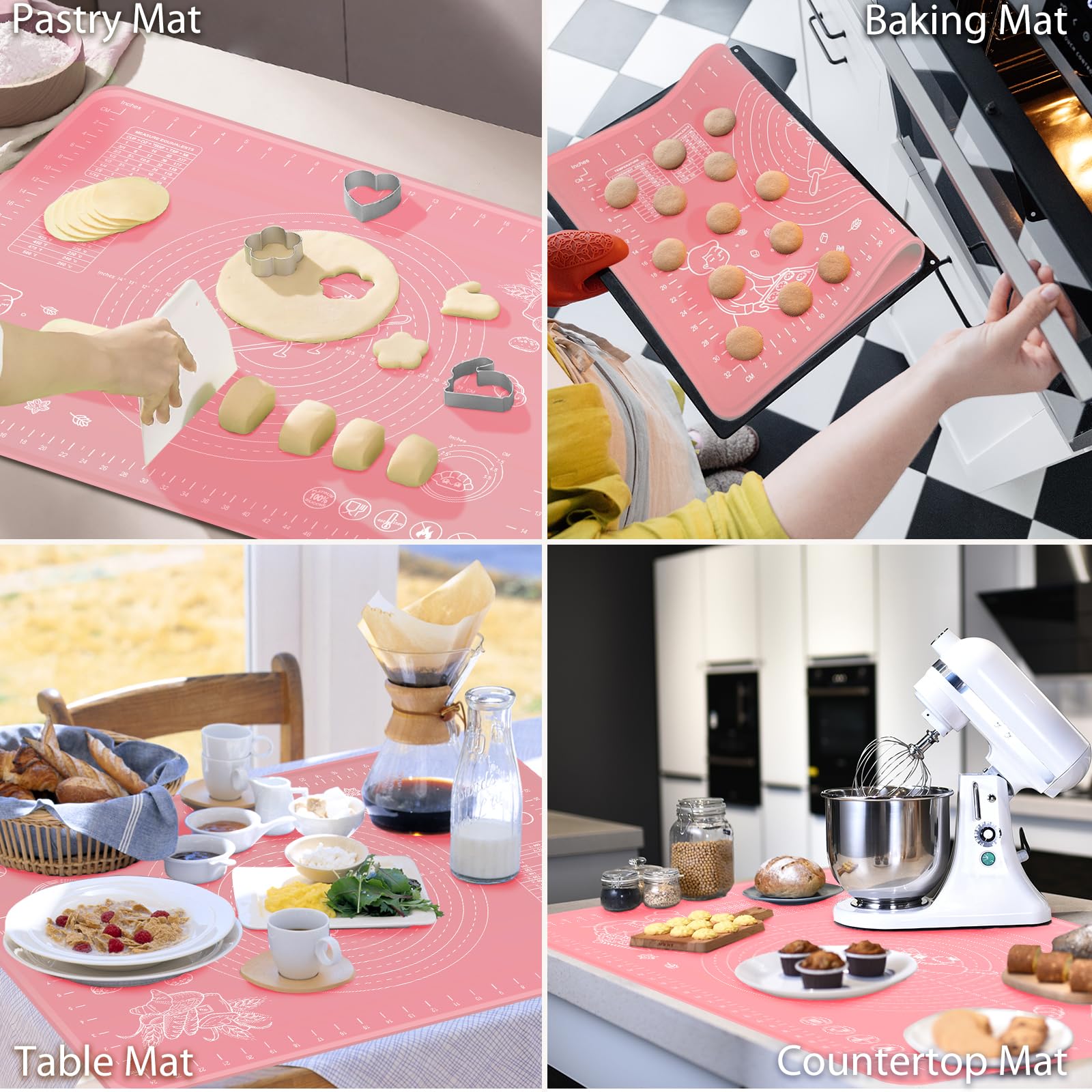 70 x 50 cm bakonderlegger anti-aanbak bakmat, antislip siliconen grote deegonderlegger uitrolmat siliconen mat fondant pizza deegmat fondant mat met afmetingen, bakmat met deegsnijder (roze