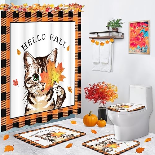 Miniatura 8 de ArtSocket Juego de baño de granja de otoño con cortina de ducha y alfombras y accesorios, espantapájaros rústicos de maíz, calabazas de cosecha,