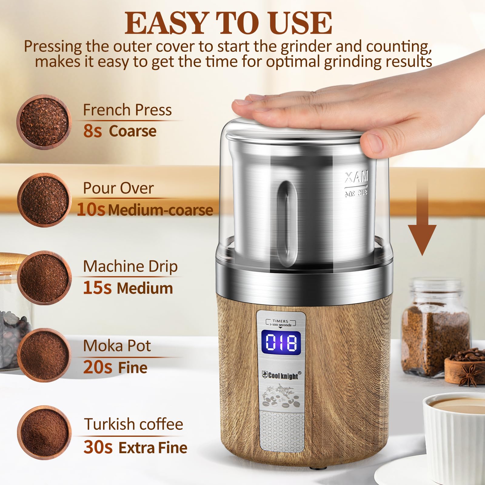 COOL KNIGHT Macinacaffè Elettrico, Macinacaffè Con Contatore E Una Tazza Di Macinatura In Acciaio Inossidabile. 100g Capacità Macina Spezie., Adatto Per Spezie, Chicchi Di Caffè, Noci, Ecc.