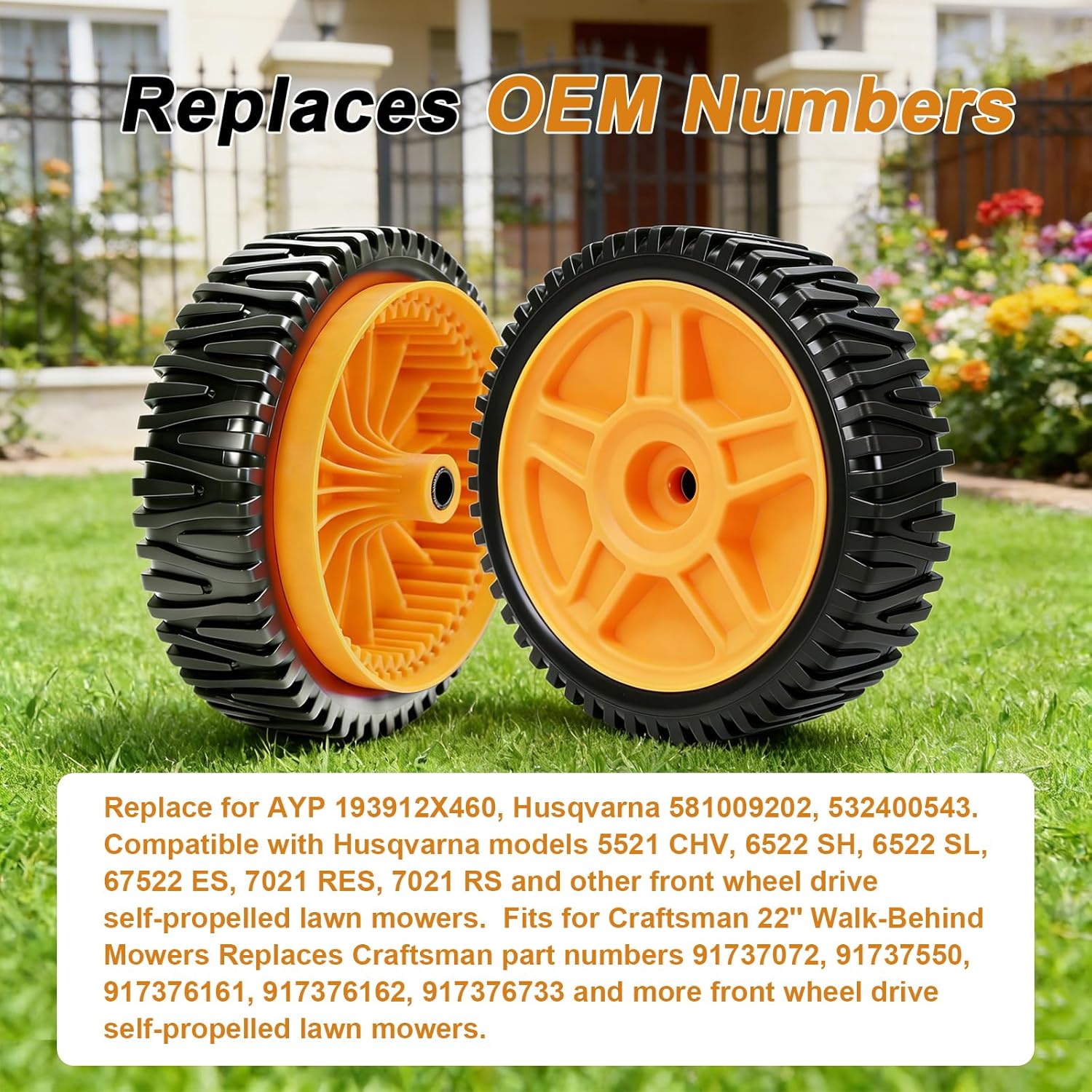193912X460 Lawn Mower Wheels, Front Drive Wheel 8 Inch for Husqvarna AYP 581009202, Replaces Craftsman 917376161, HU 7021RES Self-Propelled Mower, 2 Pack