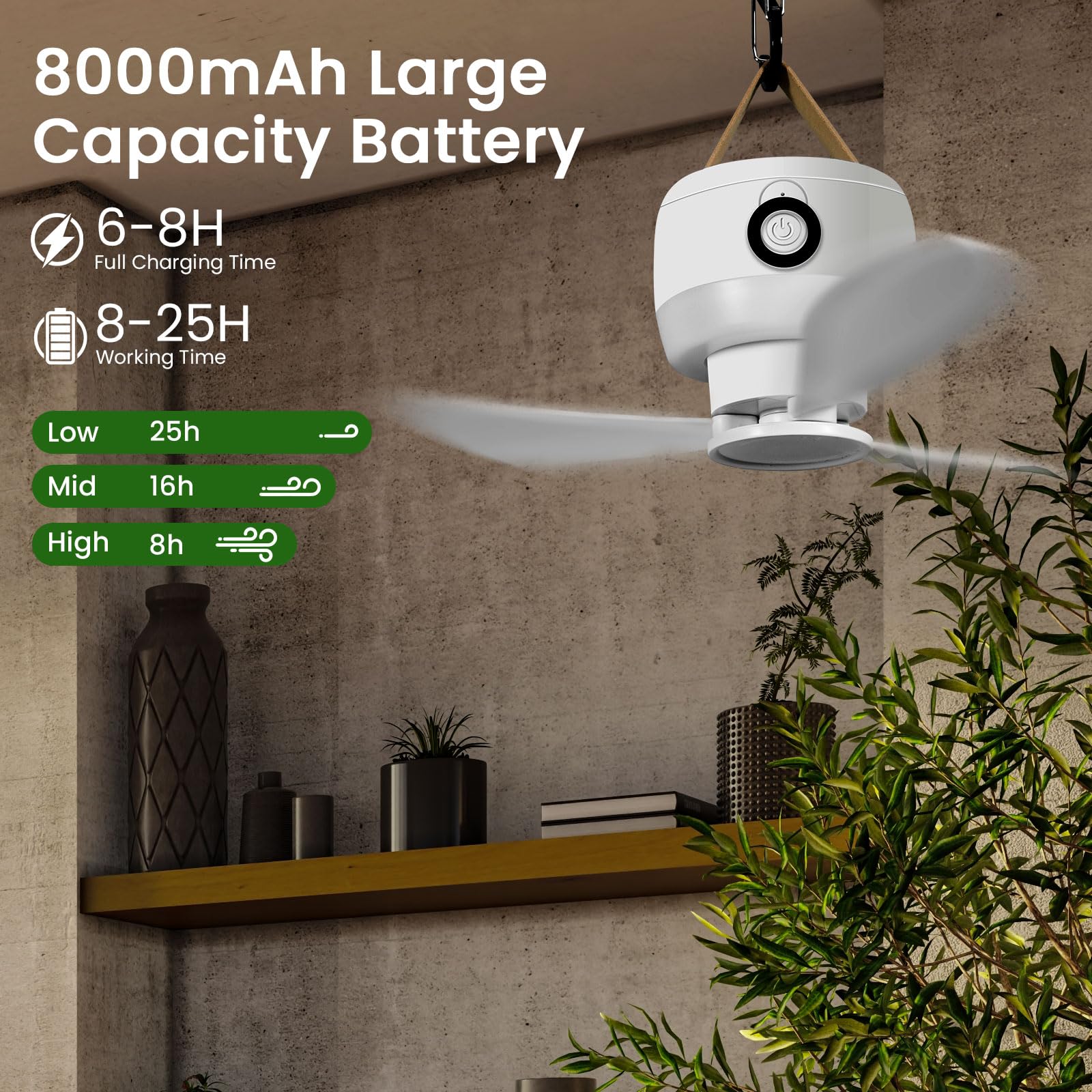 Ventilateurs de plafond de camping 8000 mAh avec lumière, ventilateurs de plafond portables rechargeables par USB et télécommande, pales de ventilateur amovibles, ventilateur à 3 vitesses, 3