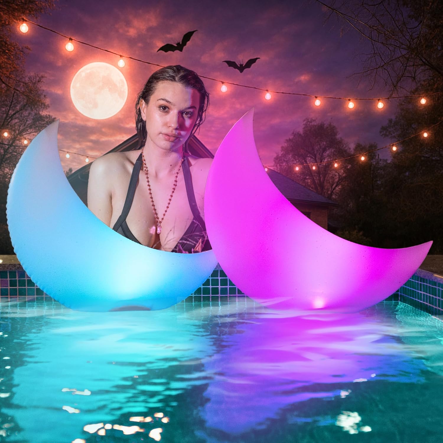 TIALLY Floating Pool Lights for Swimming Pool Solar Powered - 24" Crescent Moon - LED Lights for Pool Weddings - Pool Party Decor for Outdoor (2 Pack)