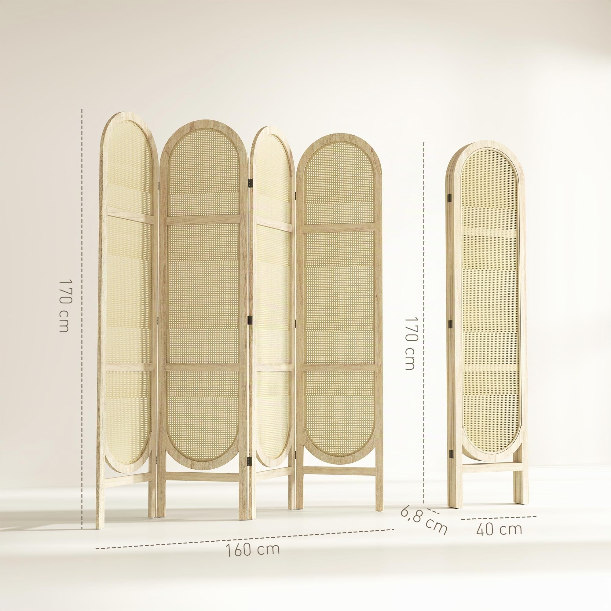HOMCOM Paravent Interieur en Bois 4 Panneaux 170 x 160 cm séparateur de pièce Pliable et Portable, Motif tissé à la Main, cloison de séparation pour Salon Chambre à Coucher Maison, Bois Naturel