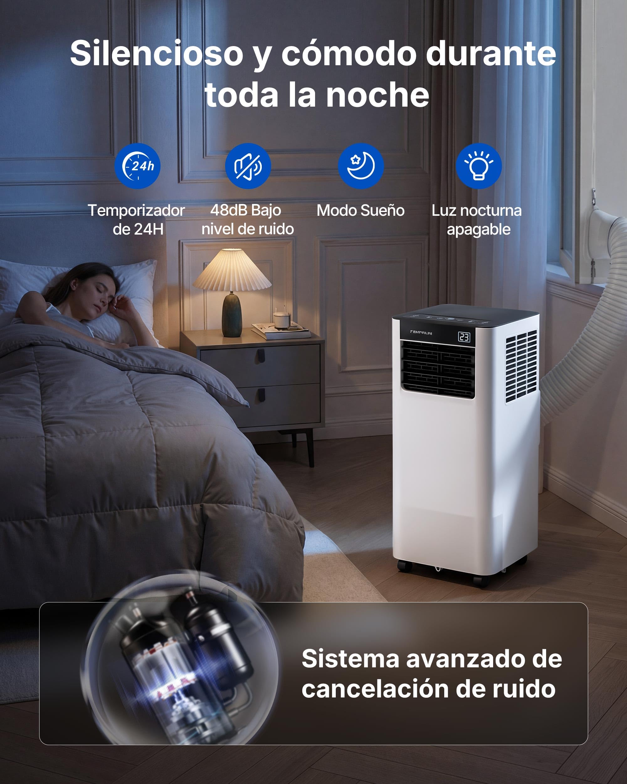 Aire Acondicionado Portátil 7000 BTU, Climatizador 3 en 1, Kit Ventana Incluido, Control App/Mando, Silencioso <48 dB, Temporizador 24 H, Hasta 20 m²