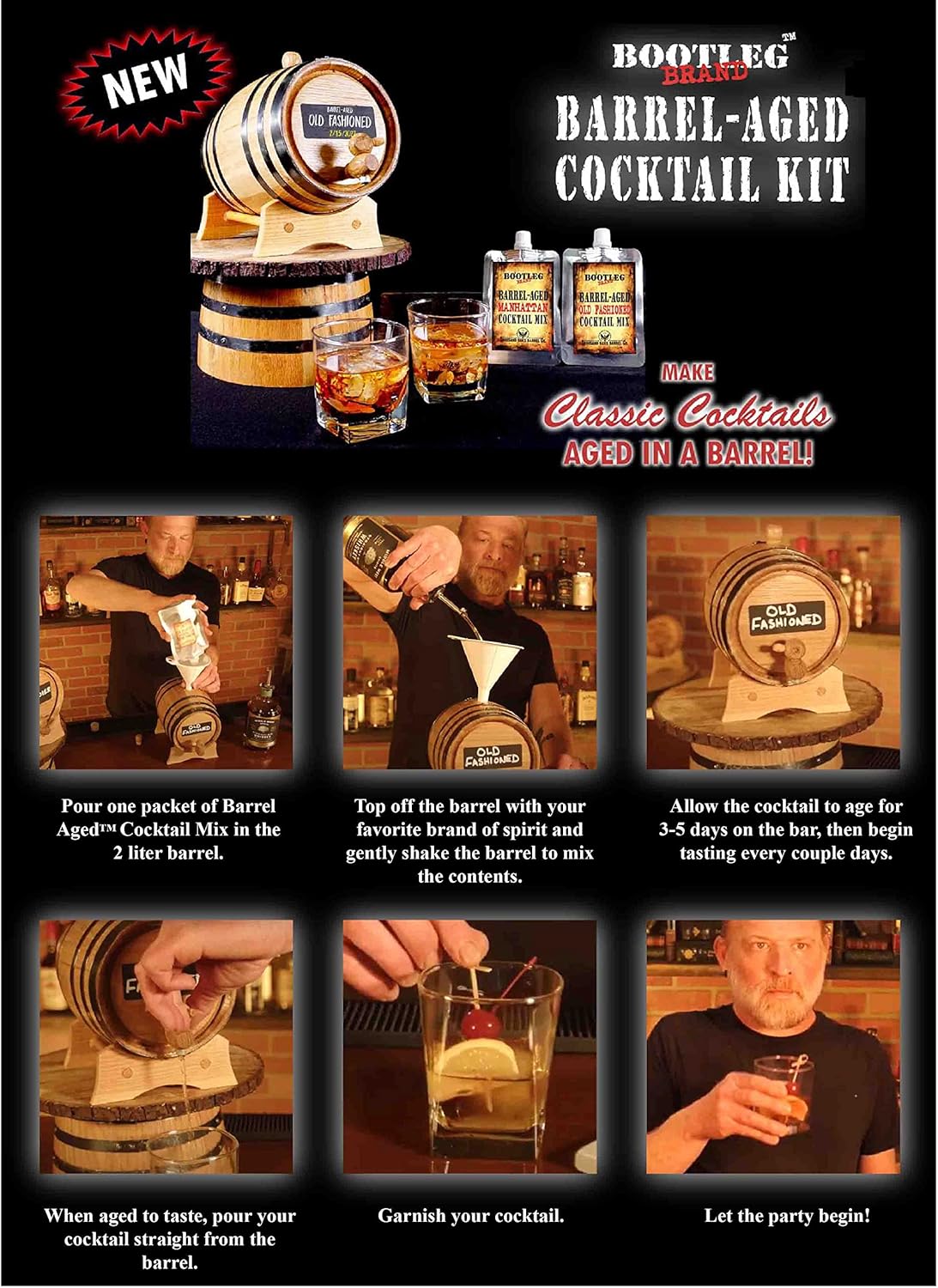 2 Liter Whiskey Barrel Cocktail Aging Kit - 2L Mini Bourbon Barrels Complete with Chalkboard Barrel Front, Stand, Bung, Oak Spigot, Chalk, Cocktail Mix & Bonus Book - Whiskey Making Gifts for Men