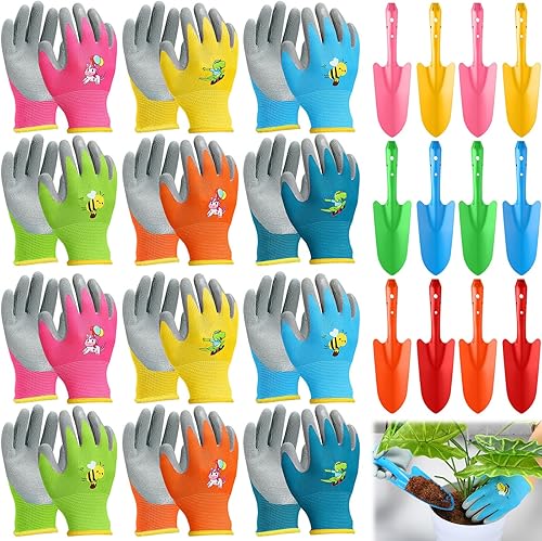 Gisafai Juego de 24 mini palas de metal coloridas y guantes, pala, guantes de pala, pala, pala, juego de pala, guantes de jardinería para niños, 12