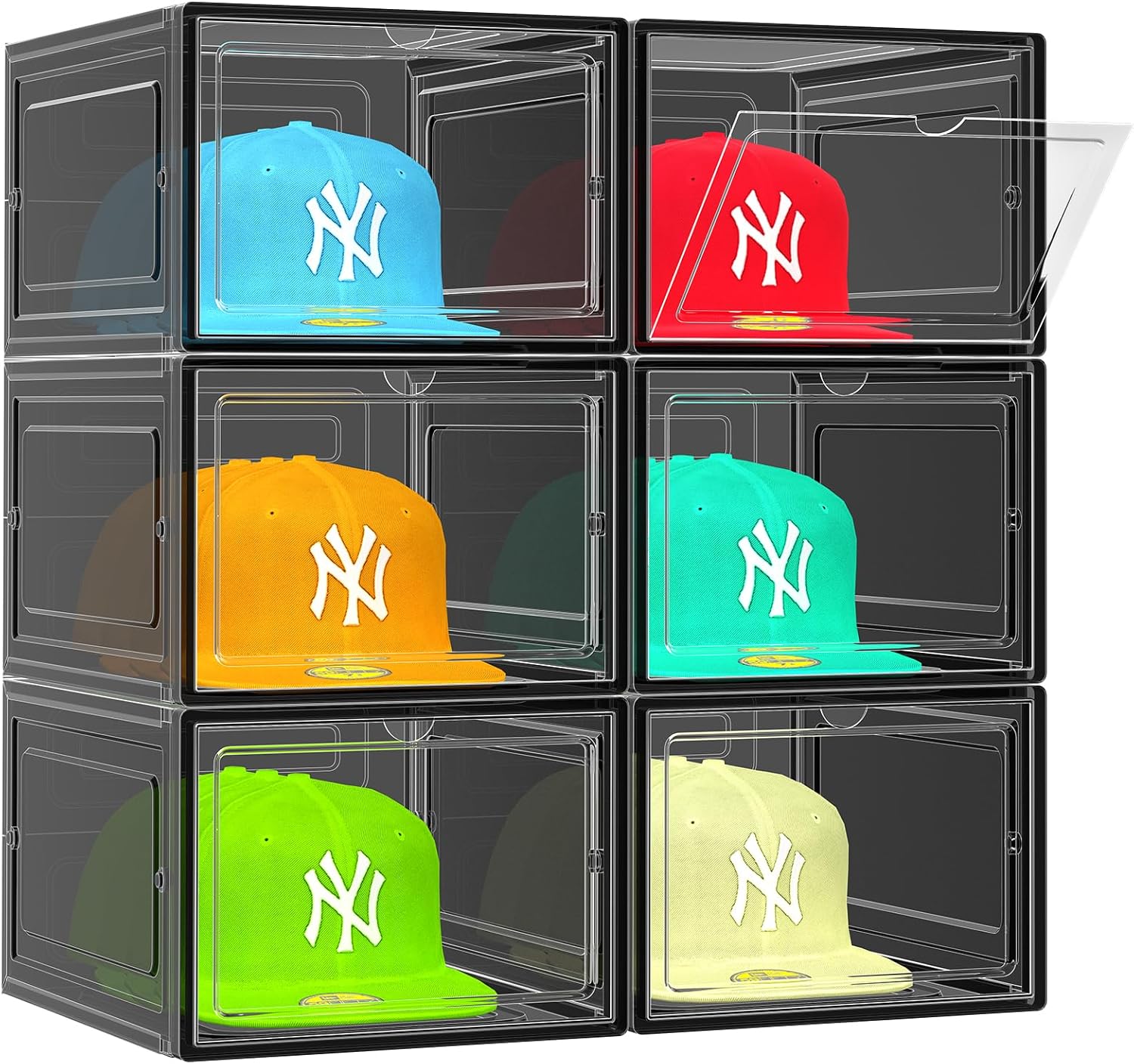 6 Pack Hat Organizer Box, Stackable Clear Baseball Caps Holder Box Containers with Magnetic Door for Hats Snapback Cap Storag, Hat Rack Display Case, Holds 8 Hats Each (Black)