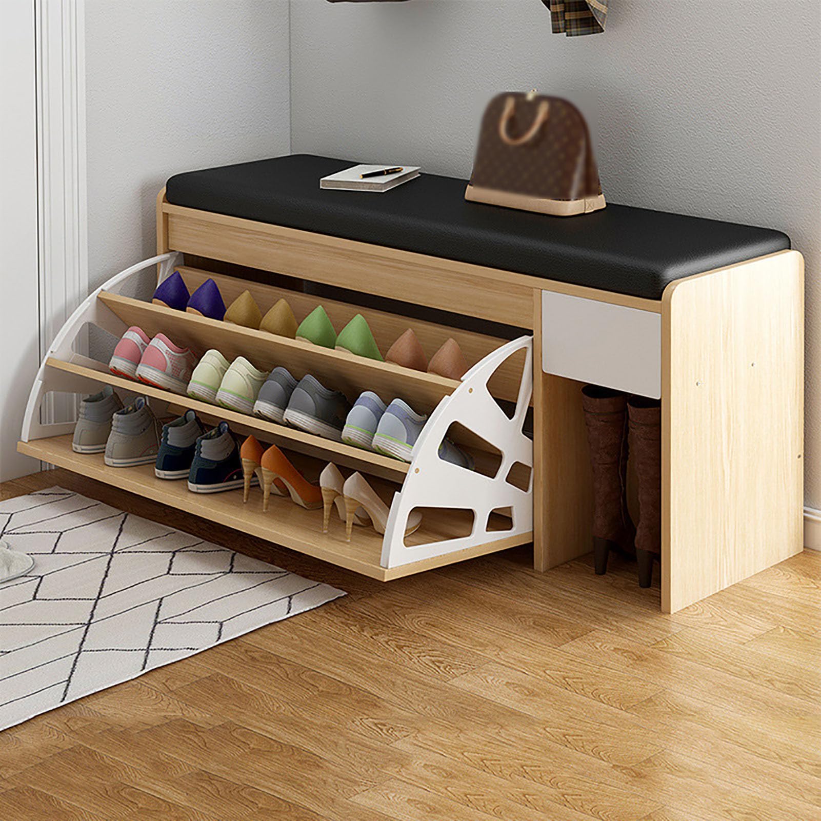 Meuble chaussures d'entrée jaune avec assise rembourrée pour un accueil chaleureux