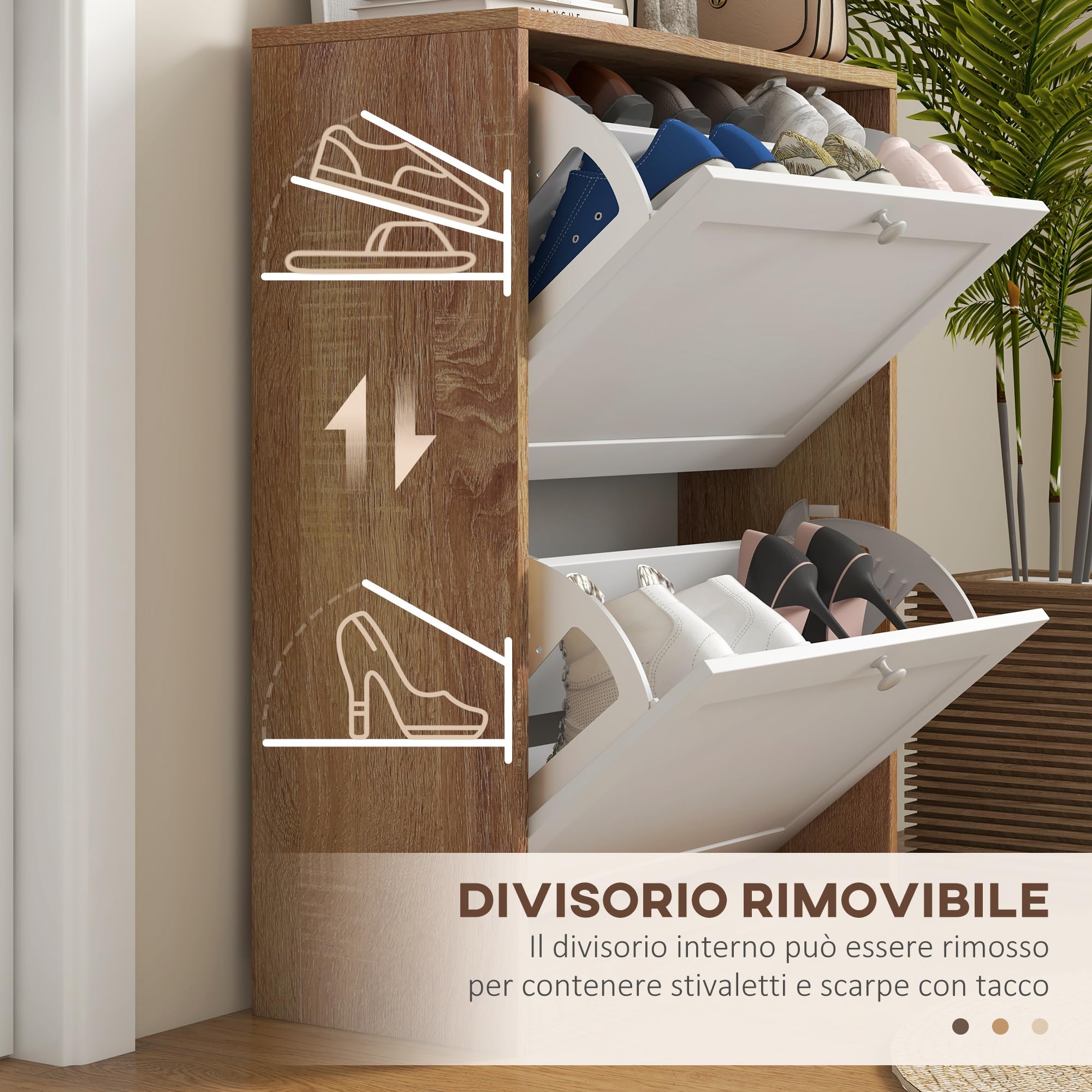HOMCOM Scarpiera Slim con 3 Ripiani Regolabili a 2 Livelli o Rimovibili per 12 Paia, Mobile Scarpiera in Truciolato e MDF Salvaspazio, 60x24.5x75.5 cm, Bianco e Rovere