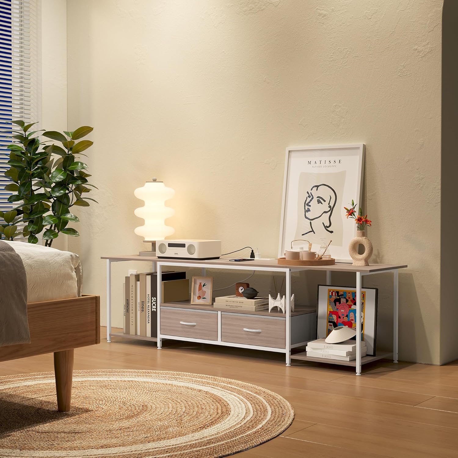 TQVAI 70 Inch TV Stands, Farmhouse Television Stand with Storage Drawer & Opening Shelves for Living Room Bedroom Dorm TV Consoles Entertainment Center with Power Outlets, Retro Grey/White