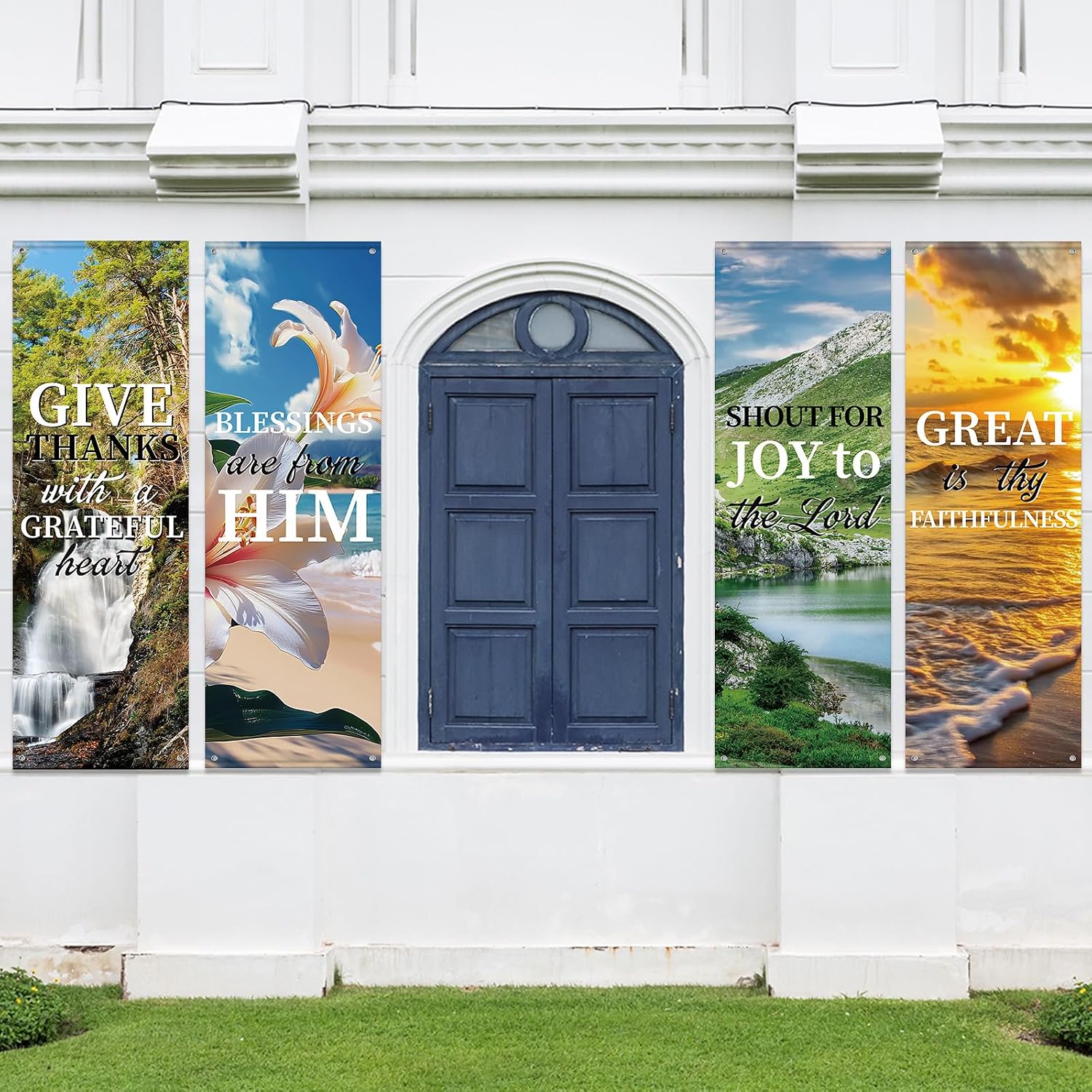 4Pcs Spring Church Banners for Sanctuary Wall Welcome Inspirational Religious Banners Hanging Backdrop Scenic Pattern Church Banner with Scripture Bible Verses Banner for Spring School Decor