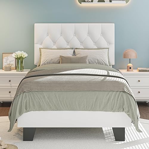 Miniatura 15 de iPormis Base de cama tapizada tamaño Queen con cabecera capitoné con botones, cama plataforma de lino con patas de soporte gruesas, no necesita