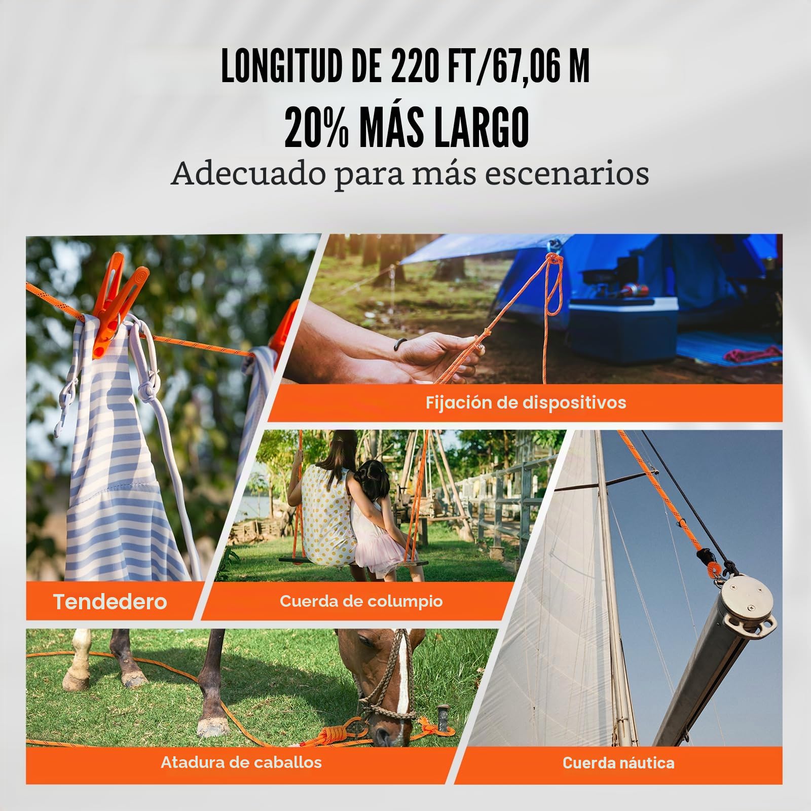 VEVOR Cuerda de Poliéster Trenzado Doble Naranja y Negro, 19 mm x 67,06 m, 24 ​​hebras, 88,96 kN de Resistencia a la Rotura Cuerda de Escalada al Aire Libre para Senderismo en Roca, Camping, Columpio