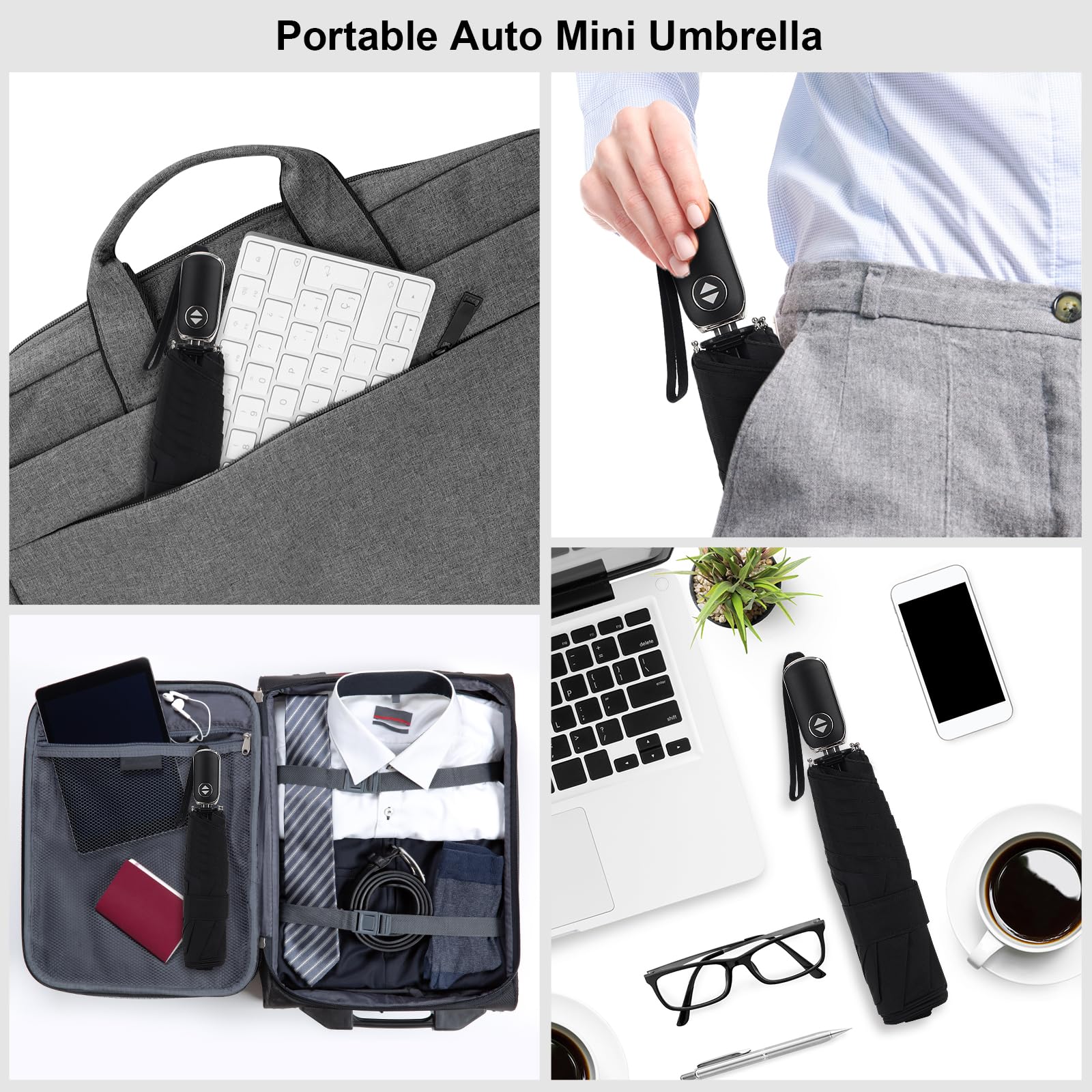 Paraguas de viaje compacto para bolso, mango plano, impermeable para lluvia ligera, 0,5 negro, 42 pulg., Compacto 2