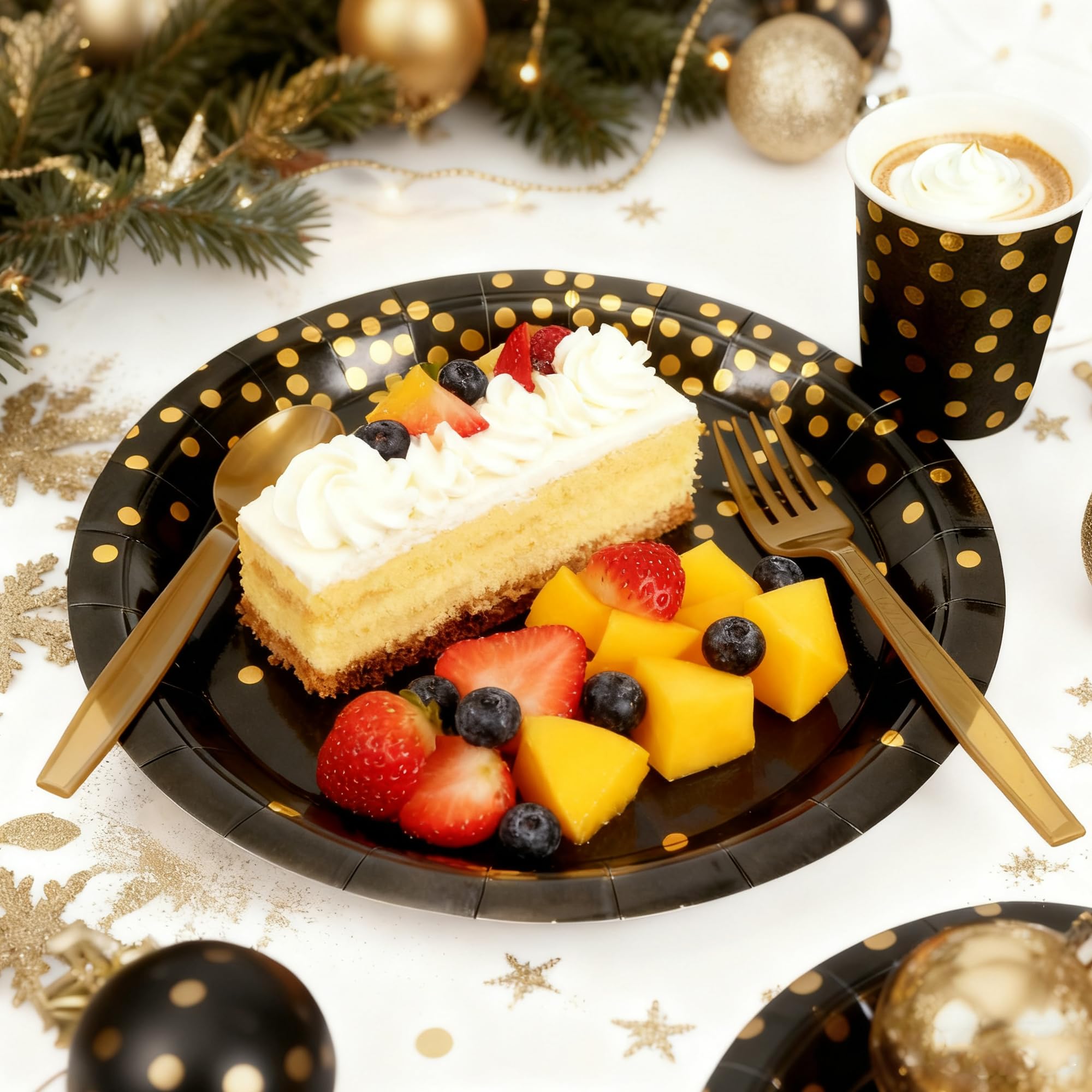 Image secondaire de Service de Vaisselle Noir et Or pour 24 Invités - Lot de 168 Assiettes et Accessoires de Fête