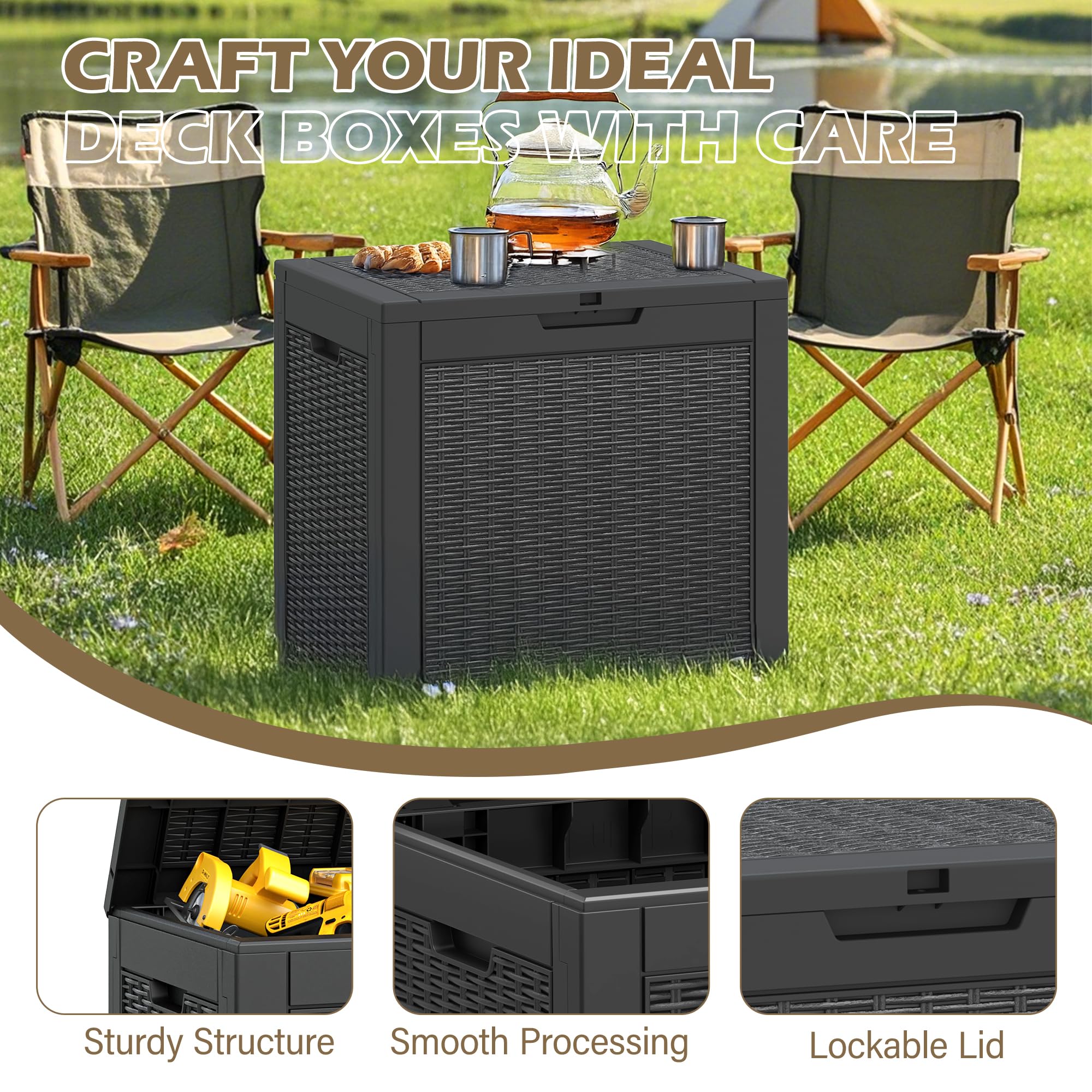 Outdoor Storage Box, 31 Gallon Deck Box with Lockable Lid, Waterproof Resin Storage Bin for Patio Furniture, Garden Tools, Cushions, Black - 3
