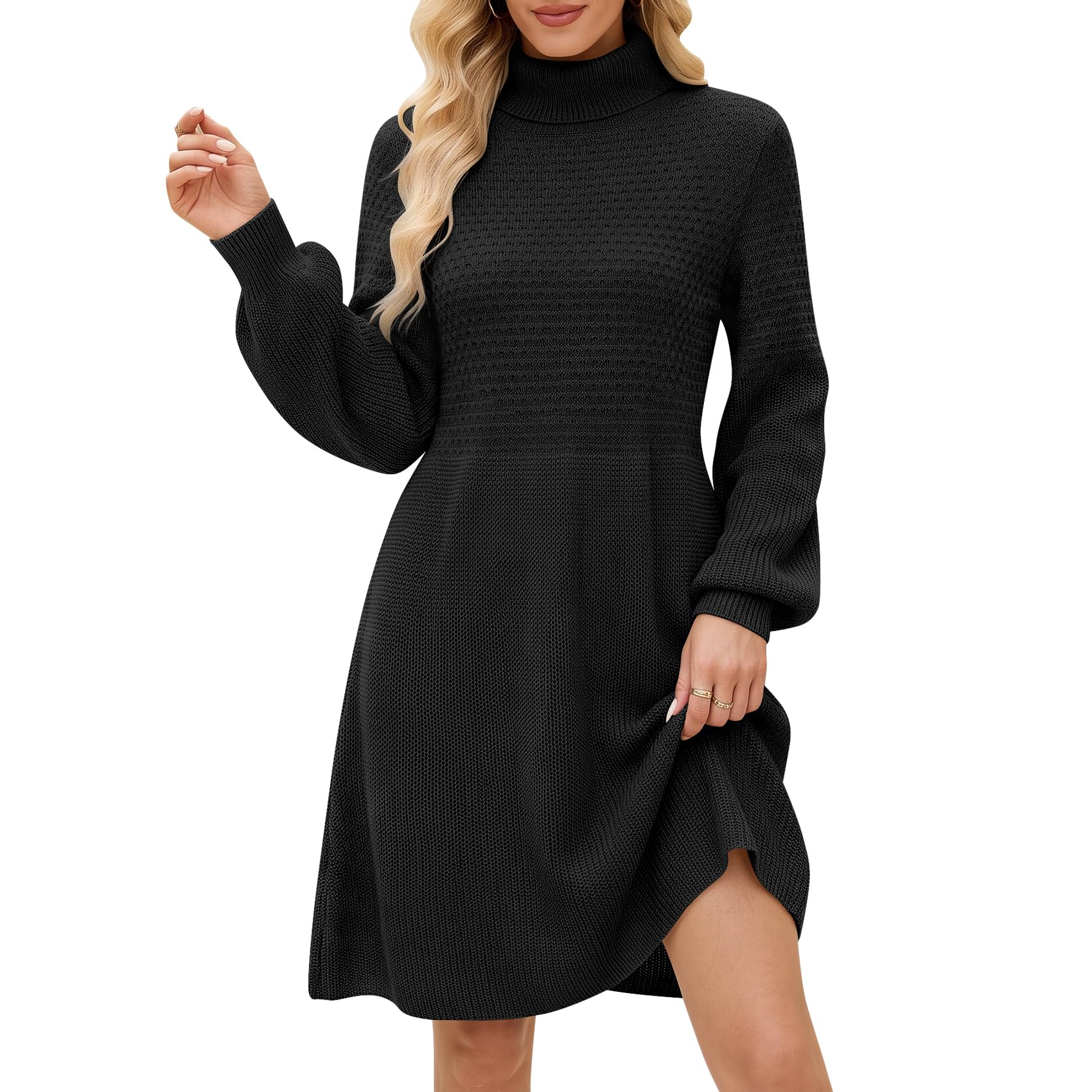 Strickkleid Damen Rollkragen Oversized Langarm Winter Elegant