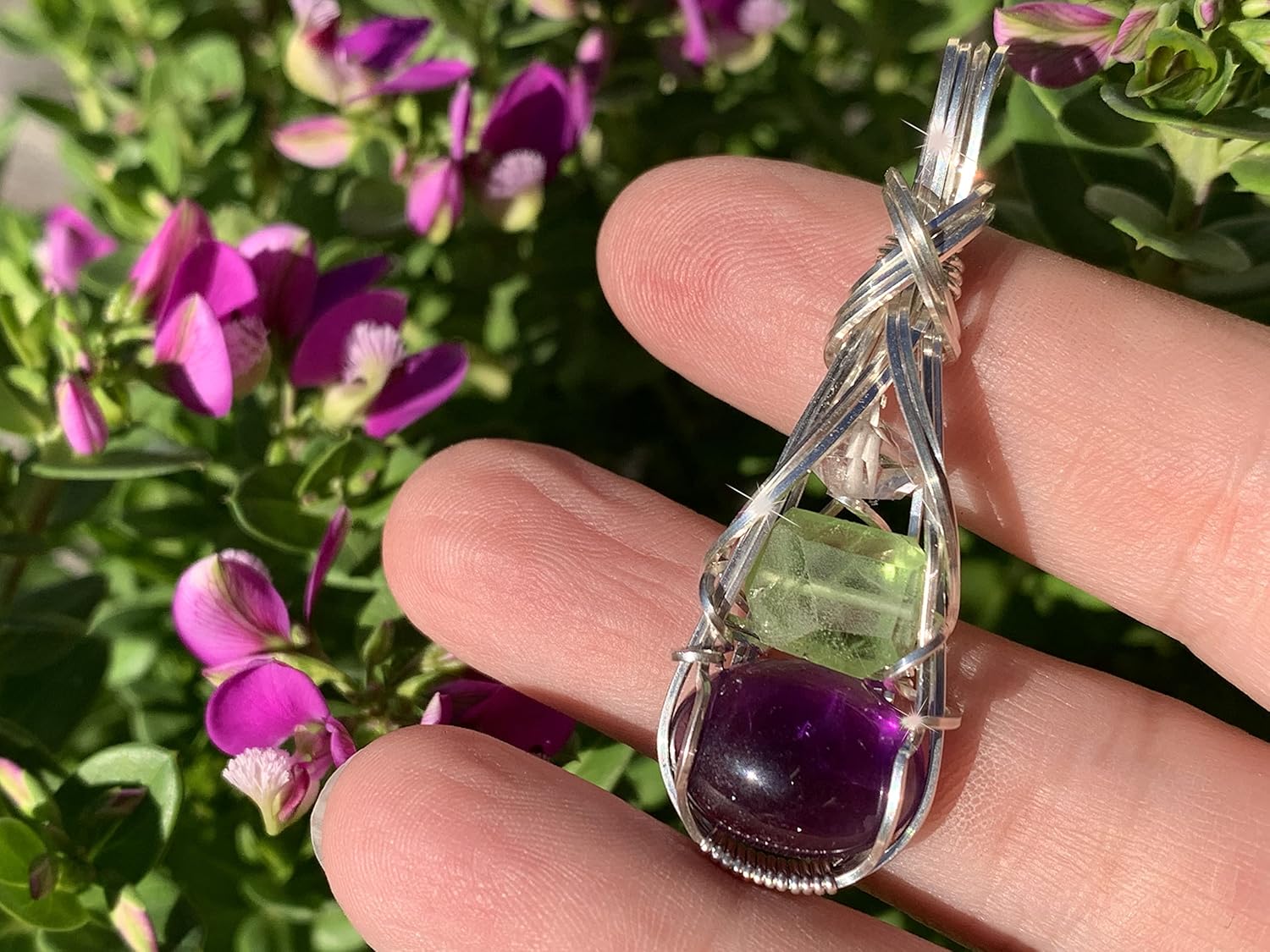 Amethyst Peridot Crystal and Herkimer Diamond Necklace Pendant sterling silver detox weight loss vibration energy Dtxs1