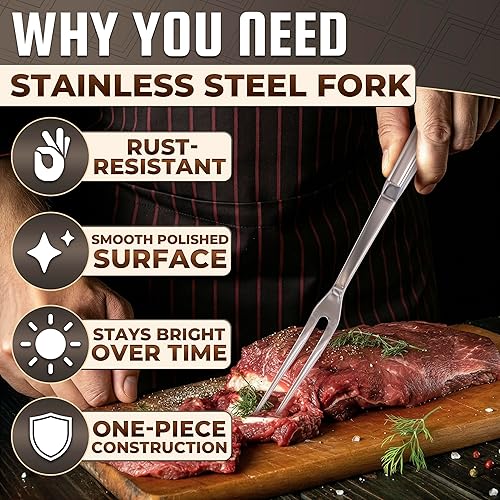 Miniatura 3 de Tenedor de tallado para carne, tenedor de acero inoxidable de dos puntas de 11 pulgadas con mango largo resistente al calor, duradero y práctico