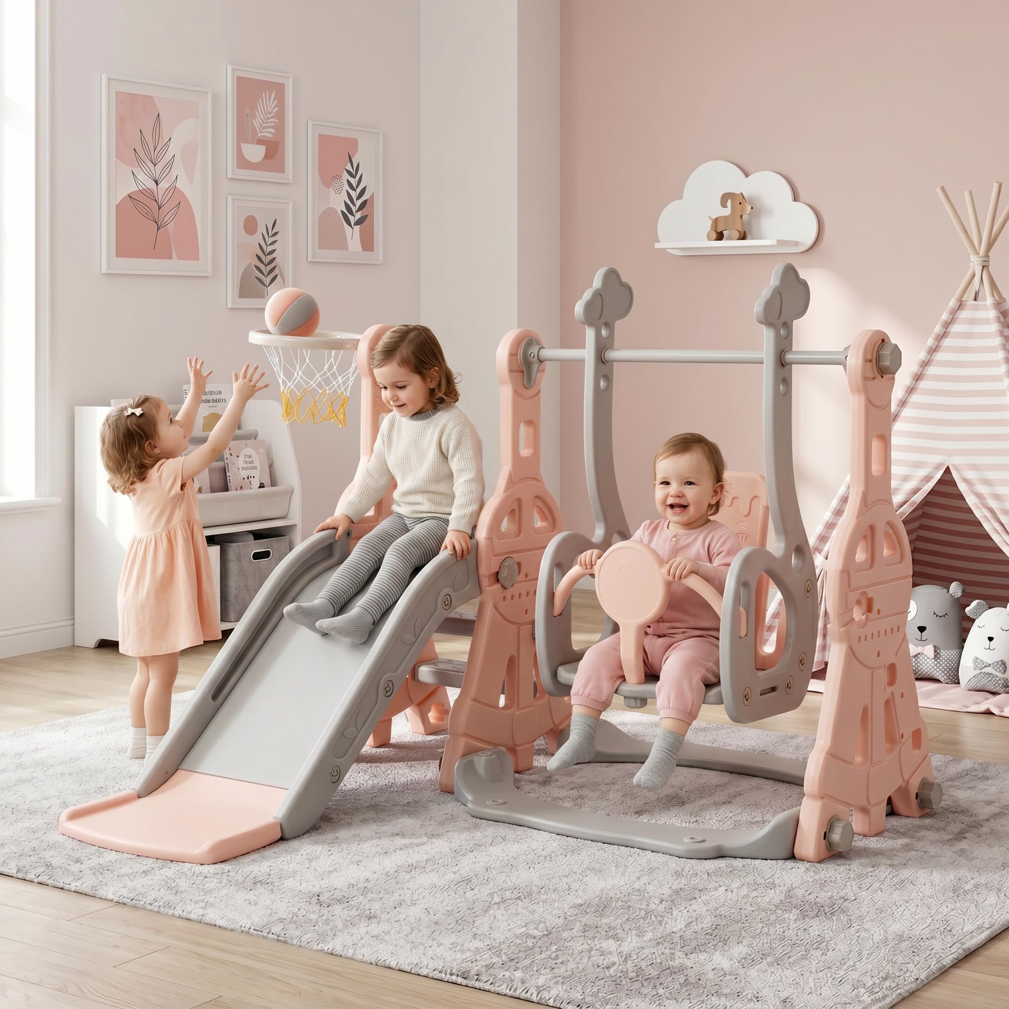 Tobogán exterior interior infantil, 4 en 1, tobogán para niños, tobogán autoportante, juguete con cesta de baloncesto y columpio para interior y exterior, niños, tobogán de jardín, rosa