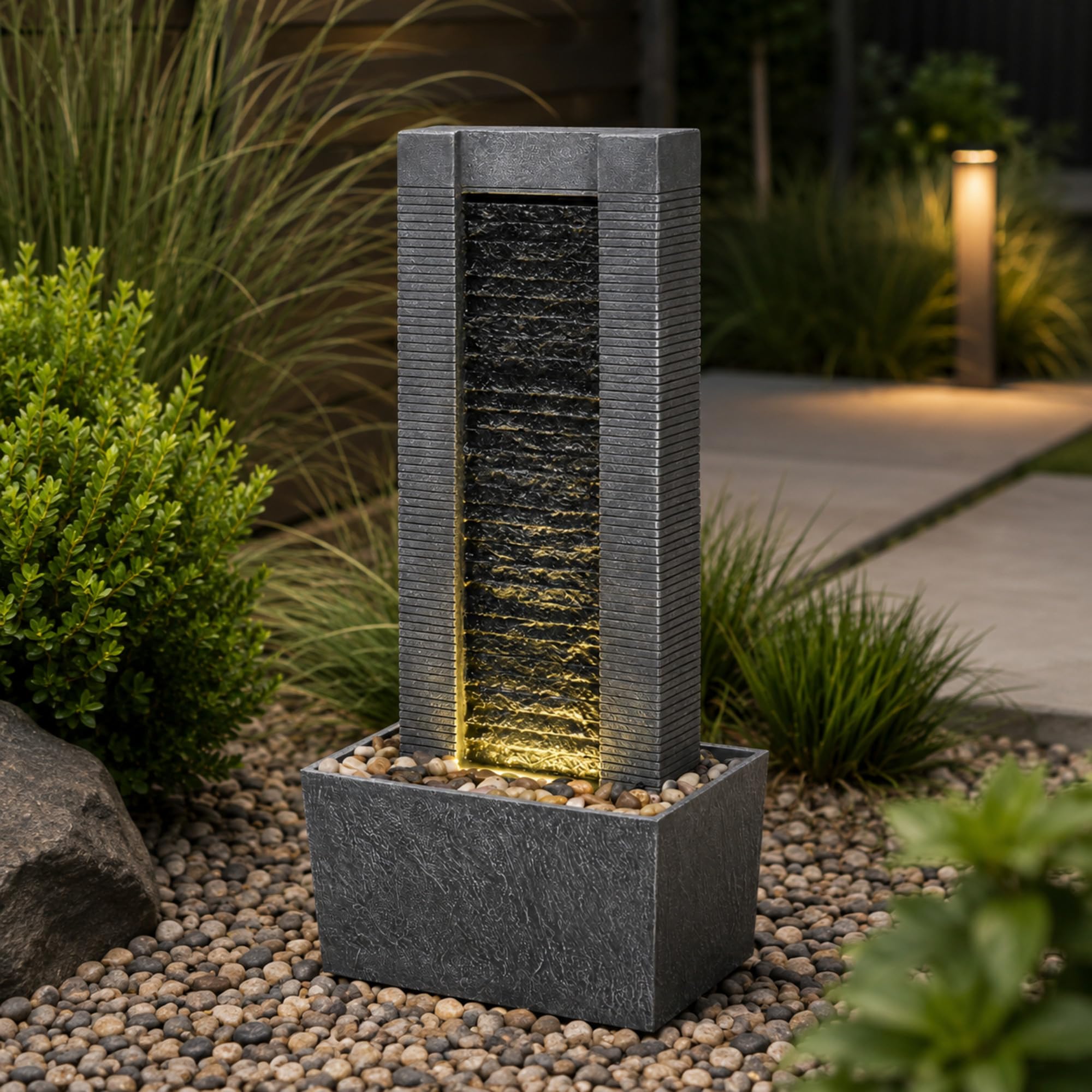 Teamson Home Demeter - Fontana a cascata con luci a LED e pietre di ciottoli, per patio, giardino, cortile, decorazione per terrazze, altezza 74,3 cm, grigio