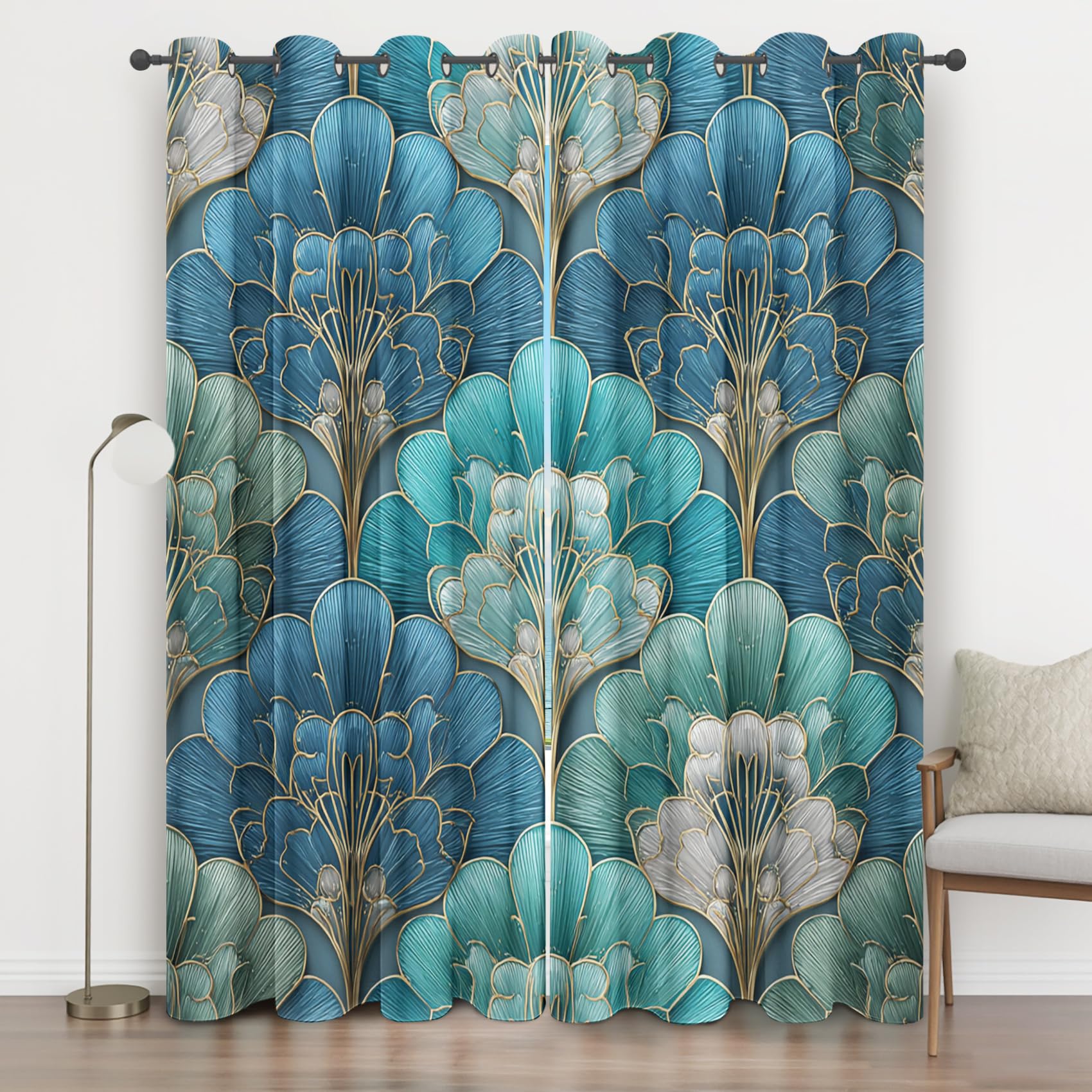 Rideaux occultant fleurs bleu paon lot de 2 en 280x260 pour salon et chambre retro