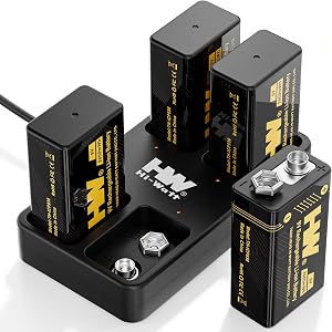 HW 9V Batteries，[4-Pack] 3600mWh Rechargeable 9 Volt Battery with Charger Square Li-ion Betaria for Smoke Detectors/Alarms/Medical Devices/Guitar Pedals/Toys
