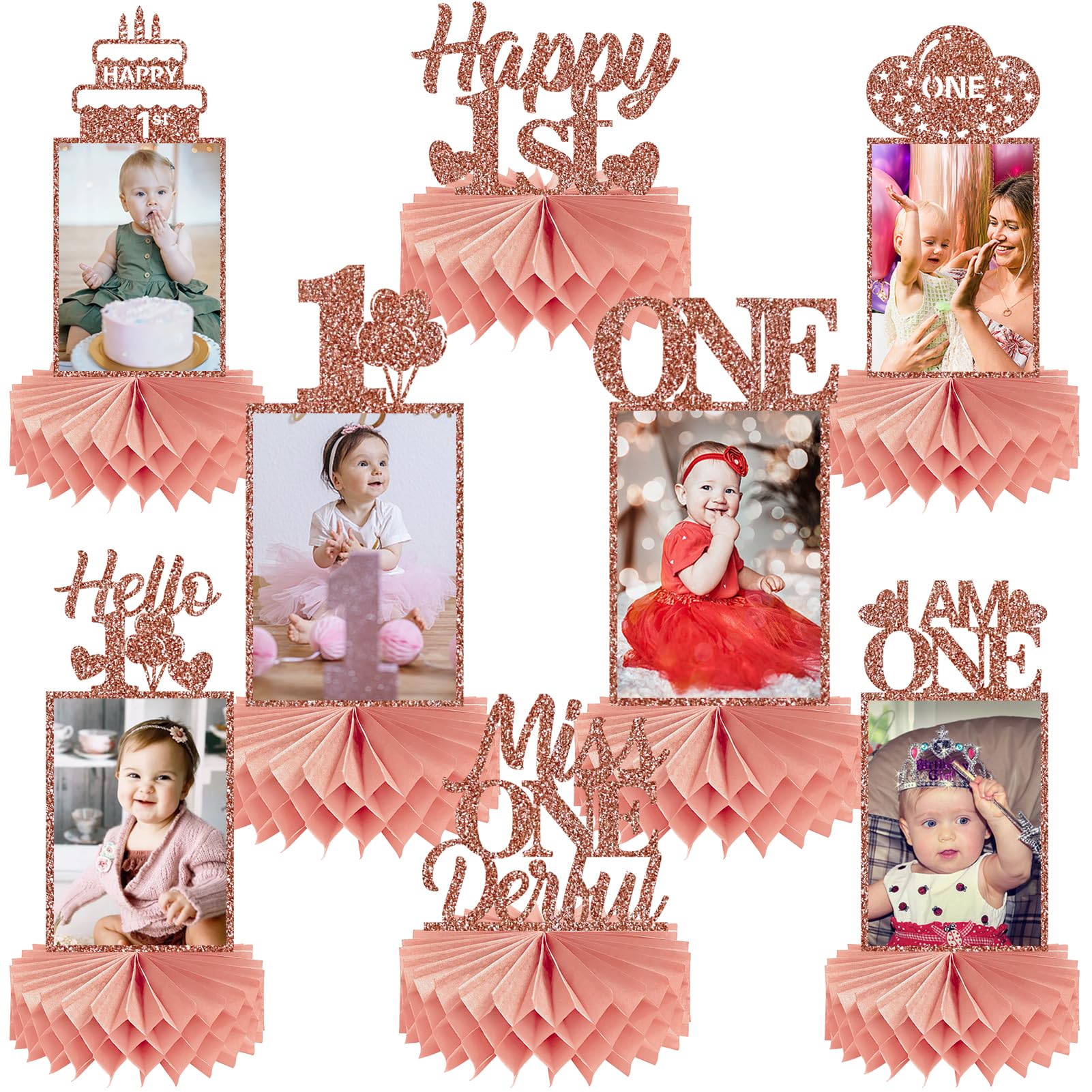 Guiruiy 8Pcs 1st Birthday Decorations Honeycomb Centerpieces for Girls, Pink Rose Gold Glitter First Birthday Photo Table Centerpieces Party Supplies,