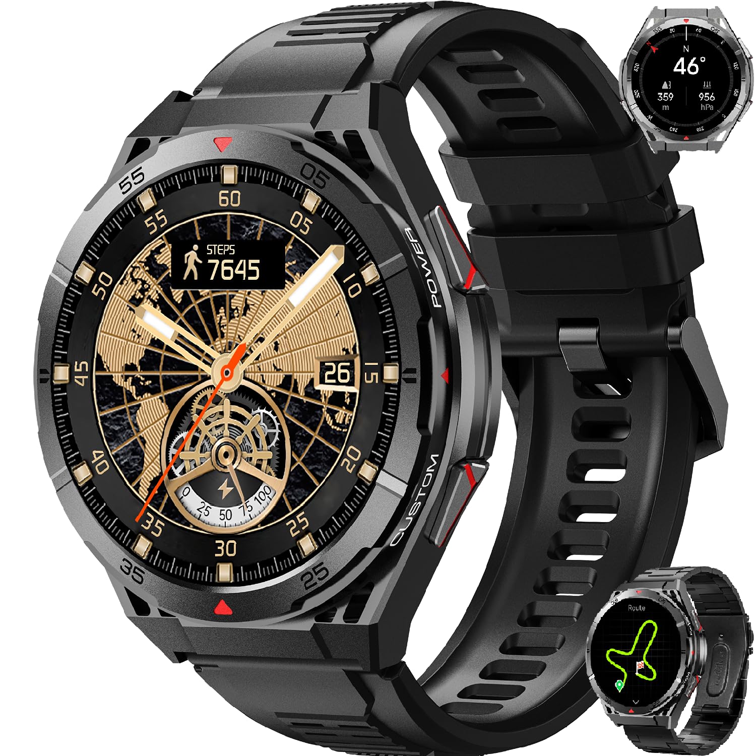 GPS Reloj Inteligente Hombre Con 560 mAh/1.43'' Amoled Display/2 Correas/150+ Deportivos Militar Smartwatch, 5ATM,Kompass/Barometerdruck/Höhenmesser, 24H Pulsómetro/SpO2/Sueño Actividad Android iOS