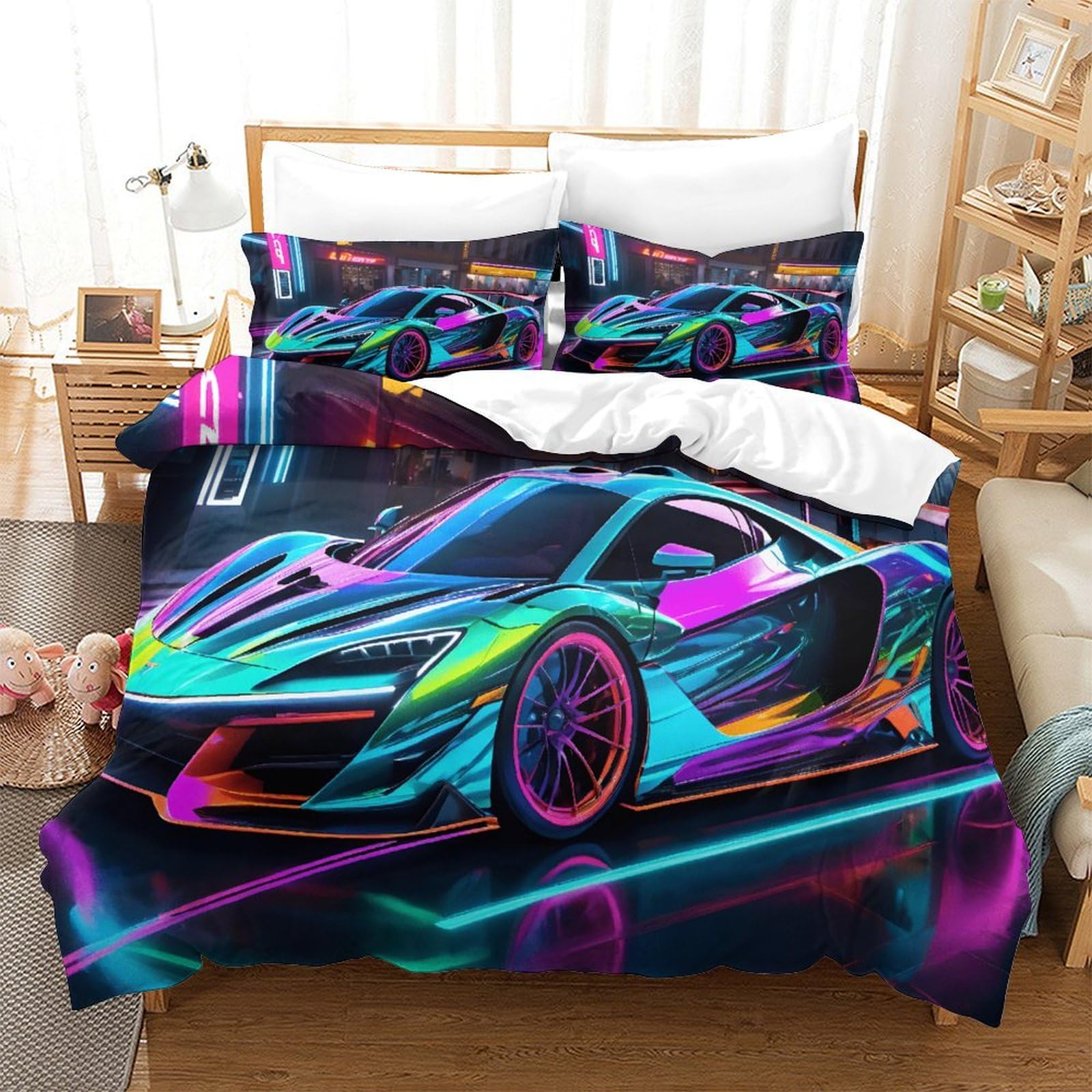 Housse de couette voiture de sport 260x220 cm avec taies d'oreiller en microfibre pour lit super king