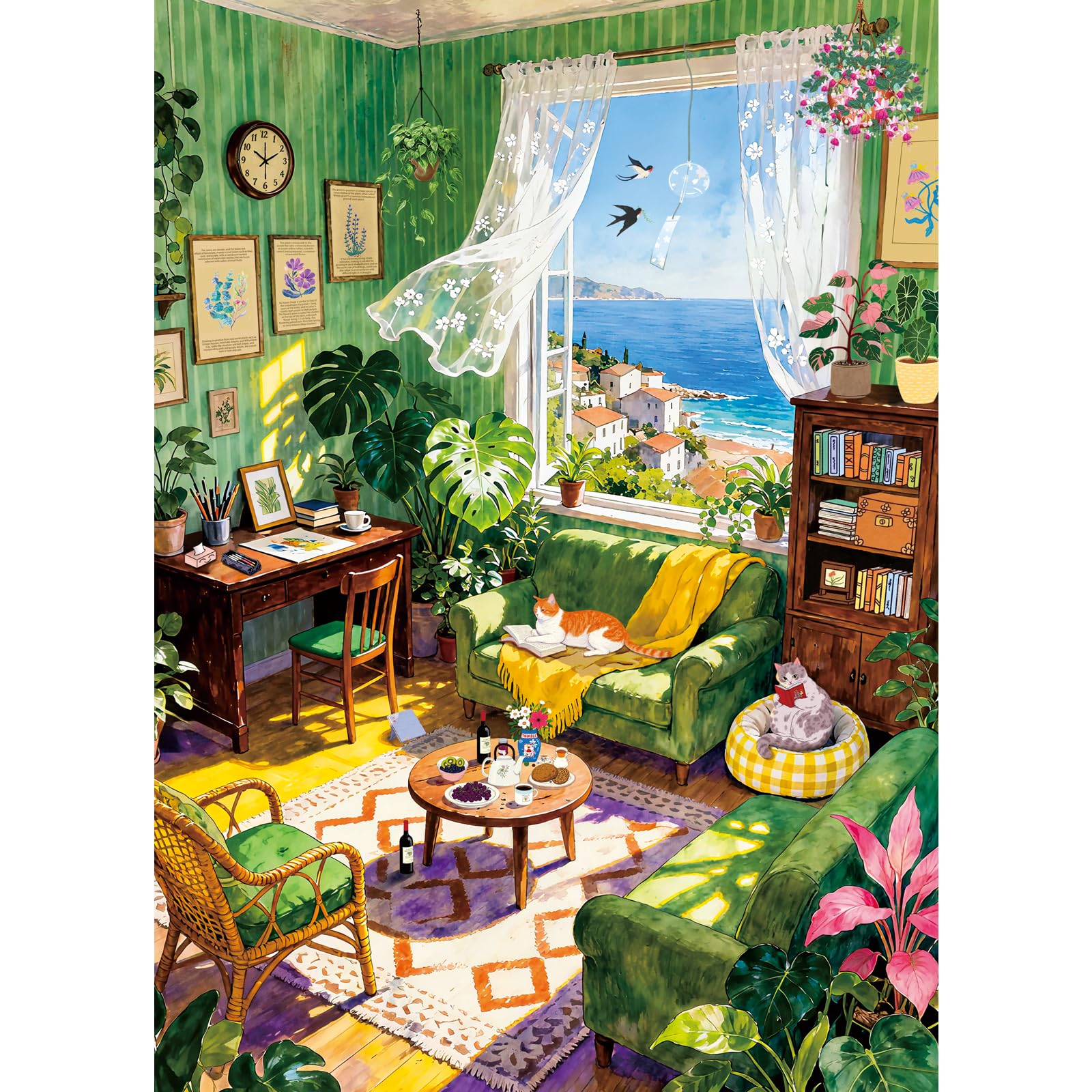 HUADADA 500 Piece Jigsaw Puzzle for Adults, Coastal Green Room with Cats, 49x35 cm, Matte Finish, Eye-Friendly, Art Home Decor Puzzle Gift — image 1