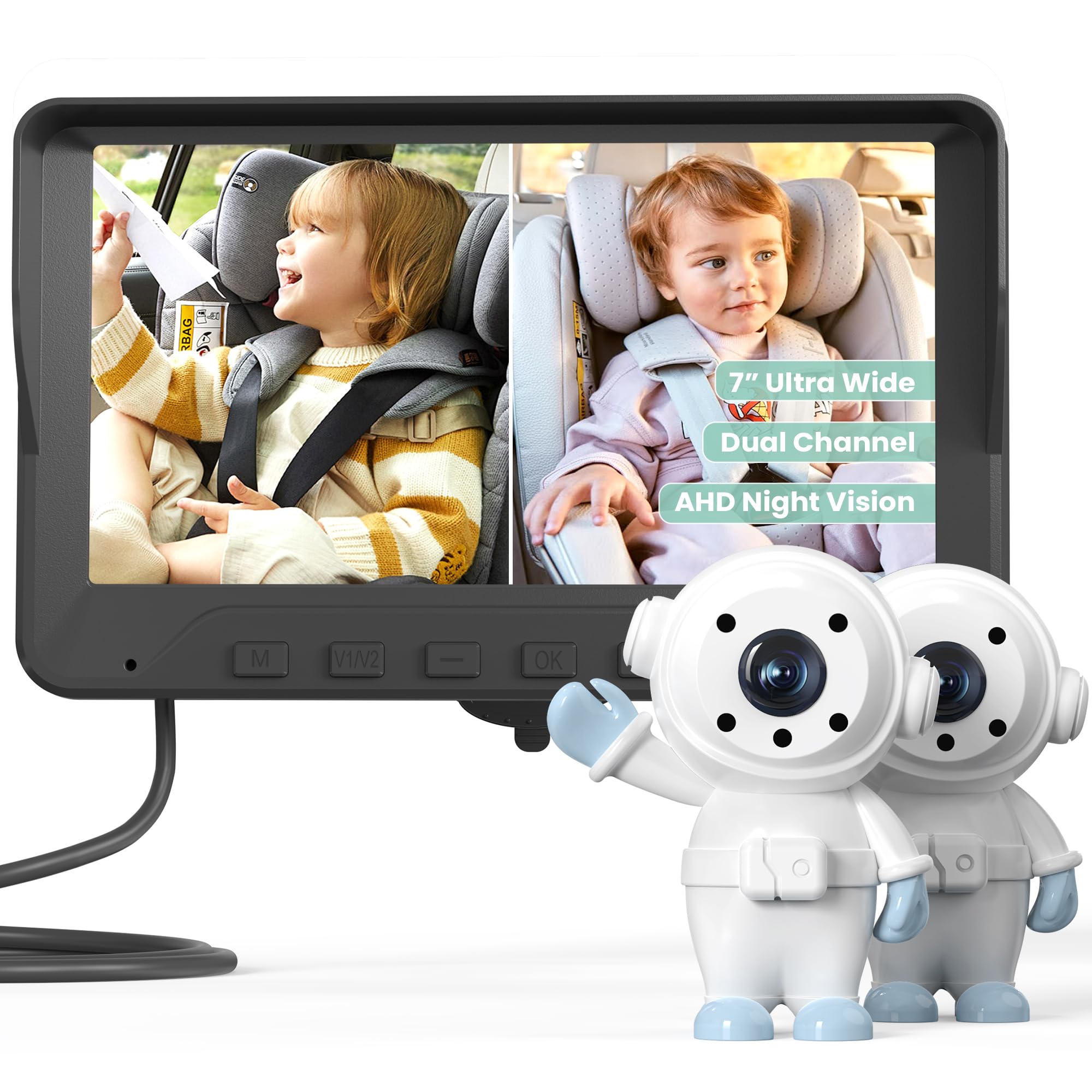 GROWNSY Baby Car Camera for 2 Kids, 7 in Ultrawide AHD Car Baby Monitor with 2 Camera, Backseat Mirror for Baby Rear Facing with Infrared Night Vision, Easily Observe Baby's Every Move