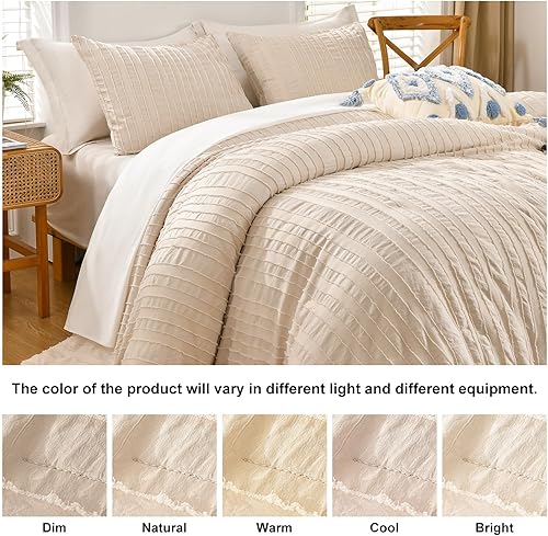 Miniatura 4 de MEILA Juego de edredón copetudo, tamaño King, juego de edredón bohemio beige para todas las estaciones, suave y ligero, edredón a rayas con 2 fundas