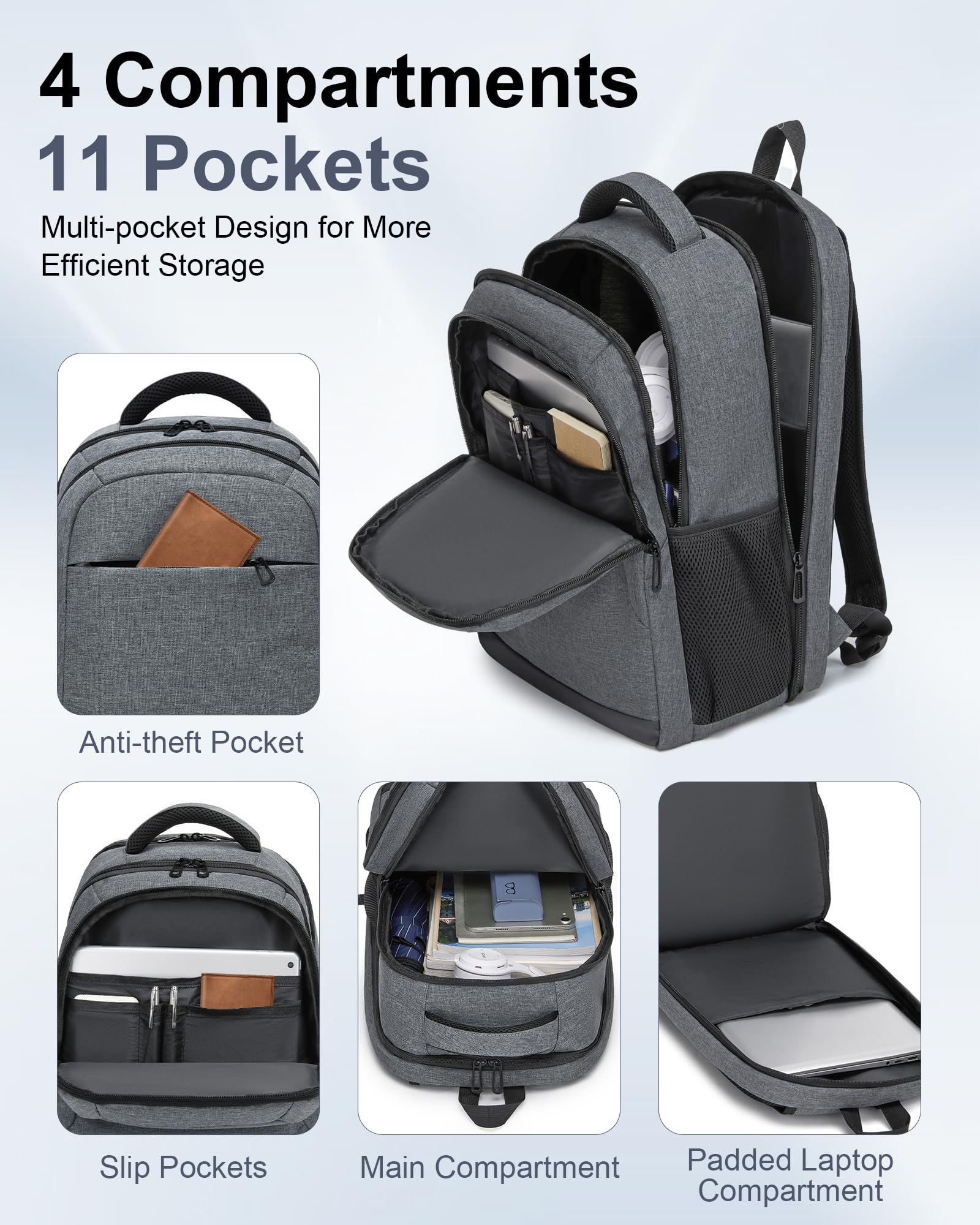 Mochila Portátil 15,6 Pulgadas Hombre Mujer, Mochila Trabajo con Compartimento PC Apertura Completa, Ligera Antirrobo para Viaje Oficina Universidad Diario (Gris)