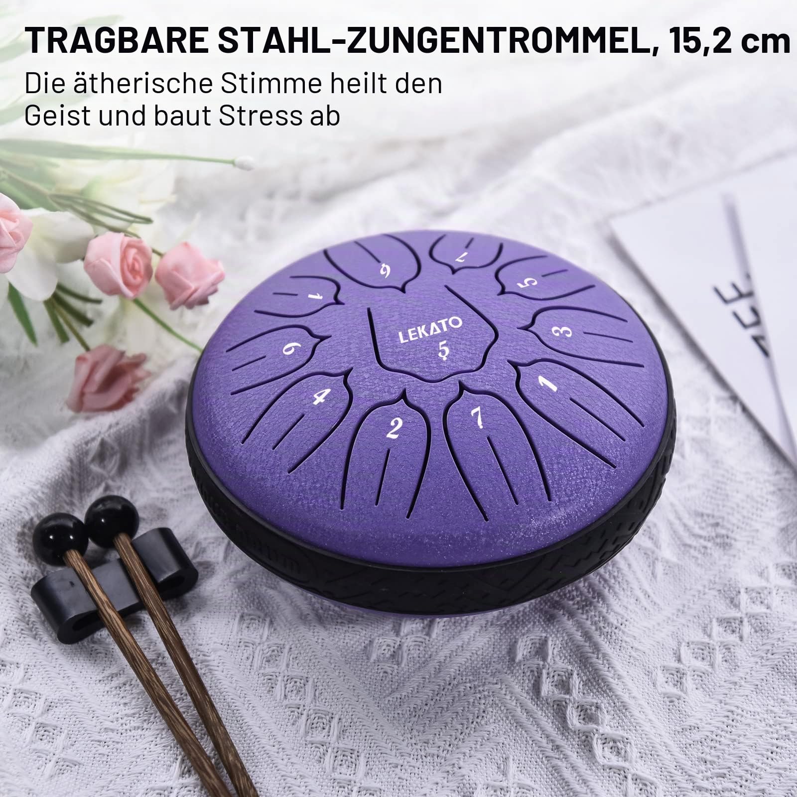 LEKATO Zungentrommel 6 Zoll, Tongue Drum mit 11 Tönen, D-Dur, Legierter Stahl, mit Stoffbeutel, Steel Pan Schlaginstrument für Anfänger, Handpan Drum für Klangheilung Meditation Yoga, Lila