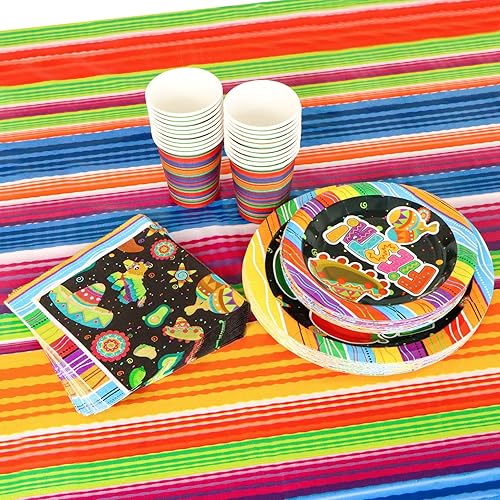 Miniatura 6 de Juego de 82 suministros de fiesta temática mexicana que incluye platos vasos servilletas mantel y pancarta para baile escolar temático mexicano