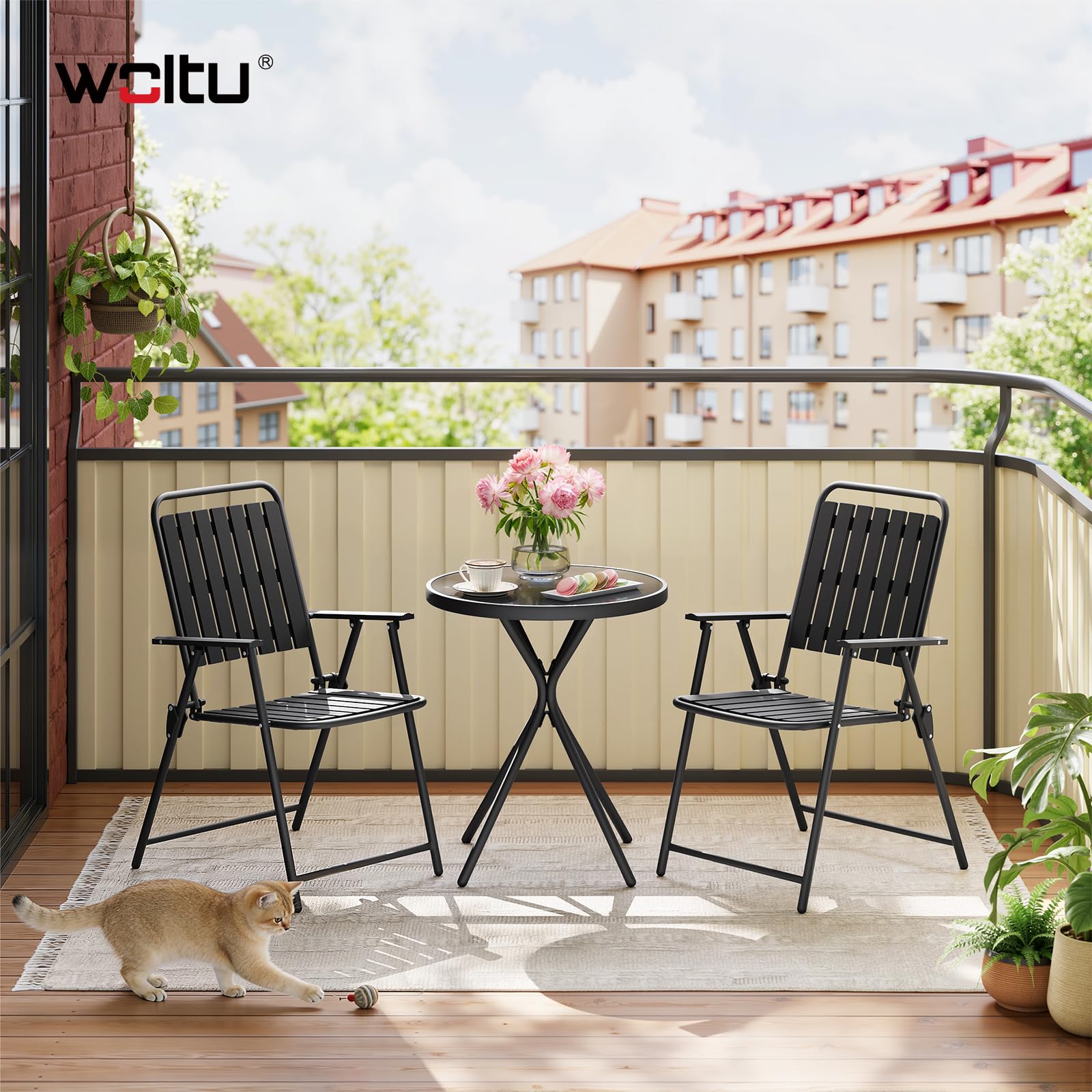 WOLTU Balkonmöbel 3 teilig Balkonstuhl Klappbar mit Balkontisch Runder Bistrotisch mit 2 Stühlen Gartenstühle bis 160 kg belastbar Wetterfest & Stabil, Gartenmöbel für Balkon Terrasse Garten, Schwarz