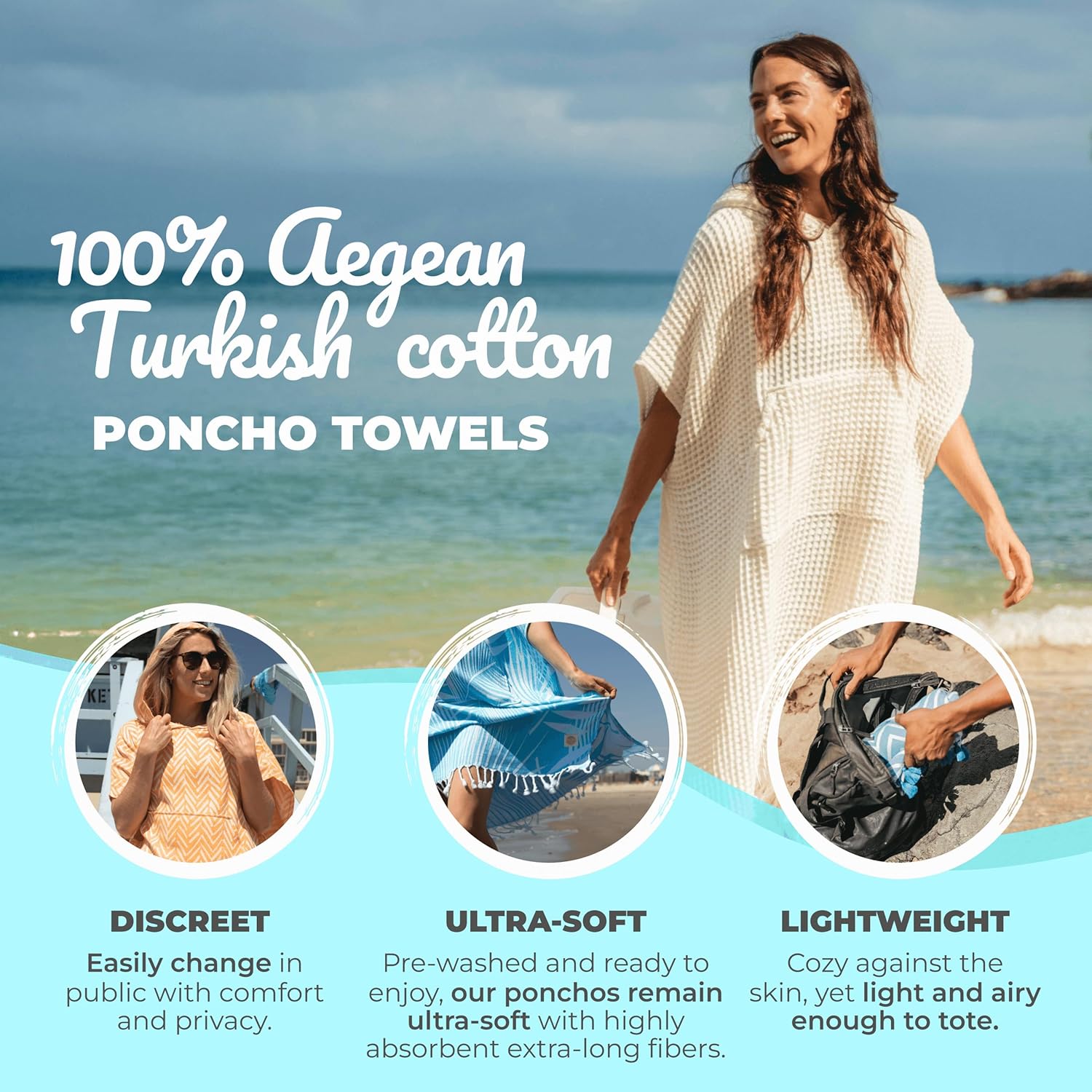 Nova Blue White Waffle Poncho Towel – White Hooded Beach Towel Adult (33 X 37) – 100% Turkish Cotton Quick Dry - Beach Accessories for Vacation - Image 2