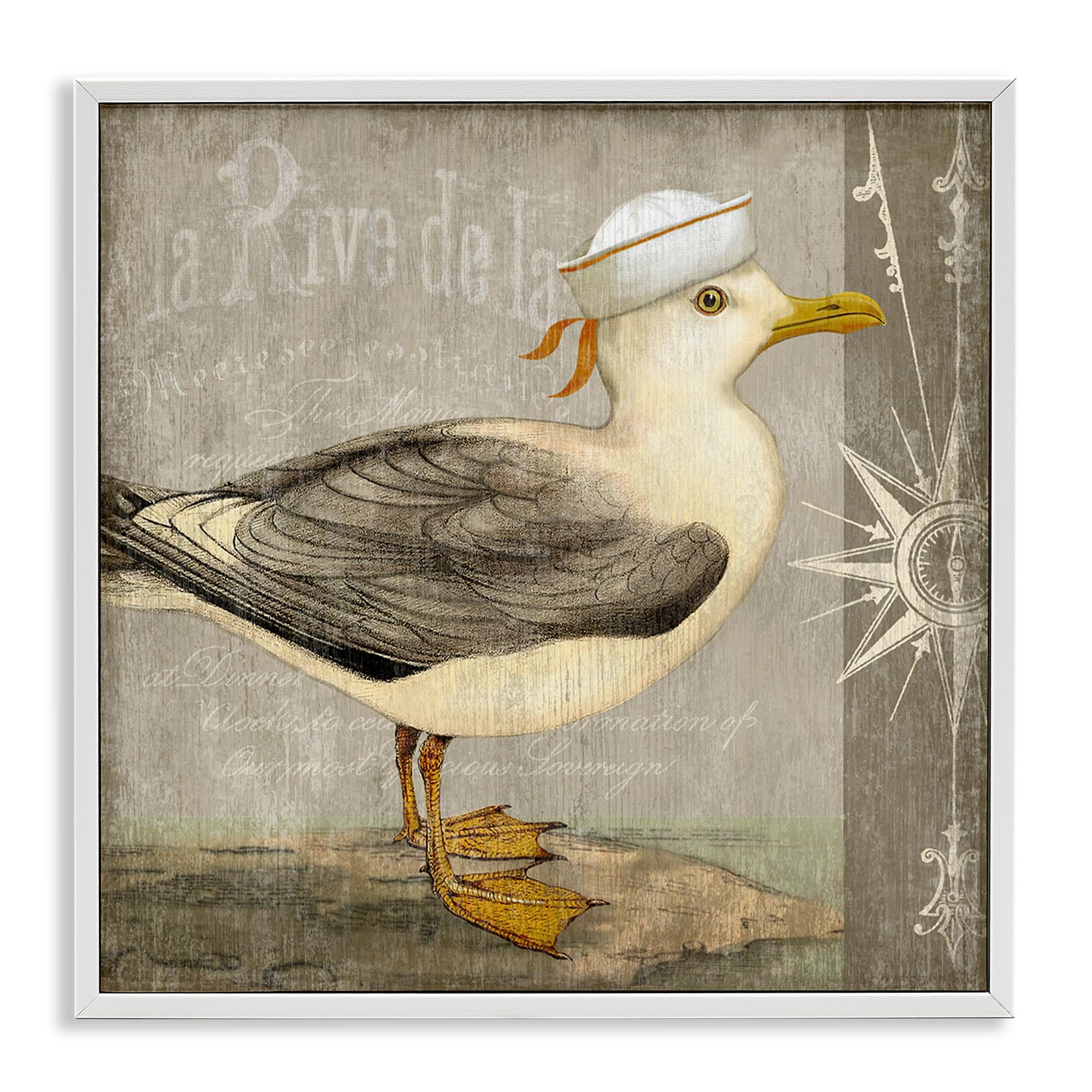 Stupell Industries Vintage Seagull Nautical Compass 'Rustic Little Seagull', Framed Giclee Art, White, 12 X 12 Inches, Easy To Hang And Sturdy, Made In Usa, By Suzanne Nicoll