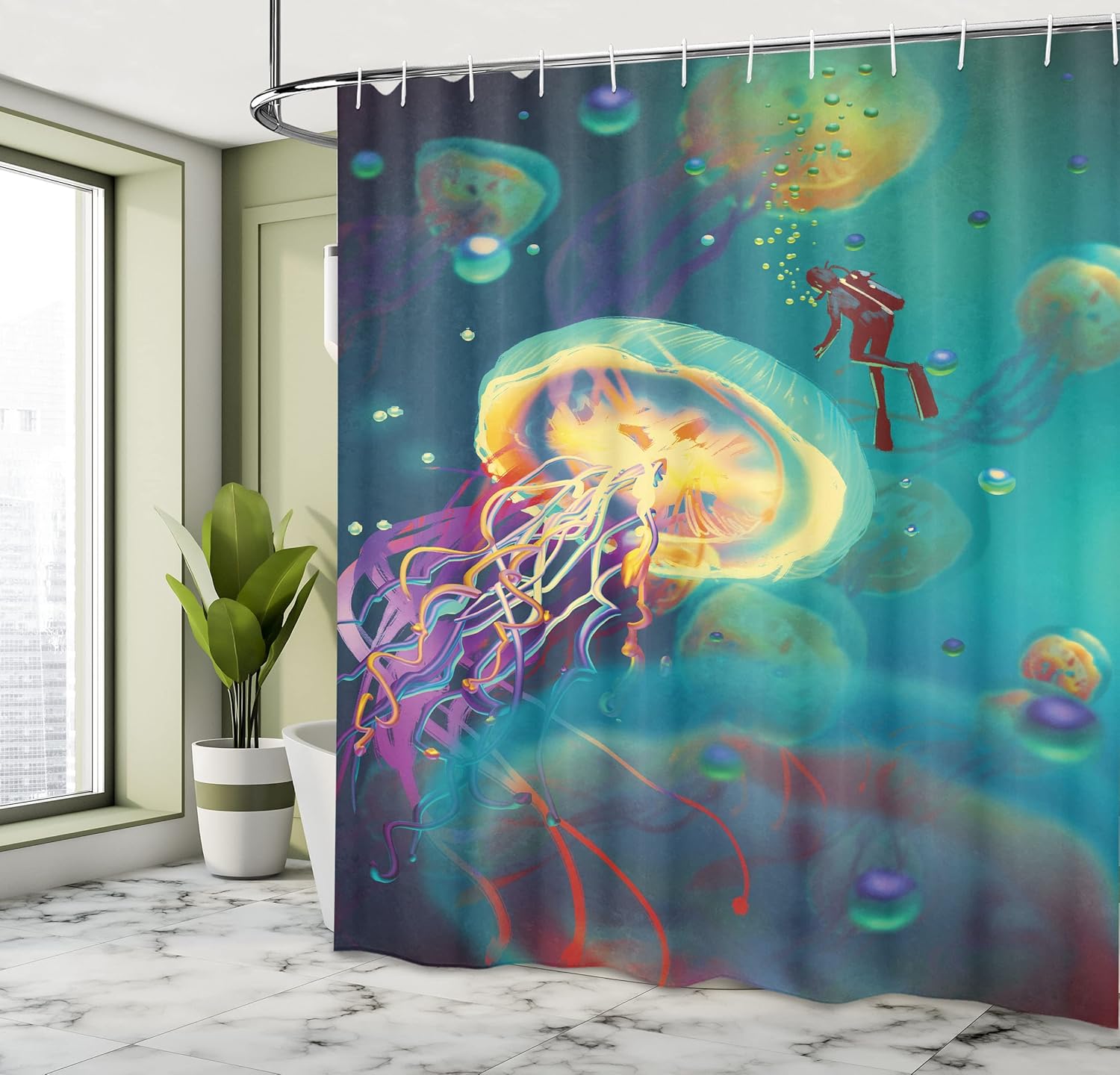 Ambesonne Fantasy Shower Curtain, Giant Jellyfish and Diver in The Sea Underwater Submarine Aquatic Art Print, Cloth Fabric Bathroom Decor Set with Hooks, 69" W x 84" L, Teal Purple