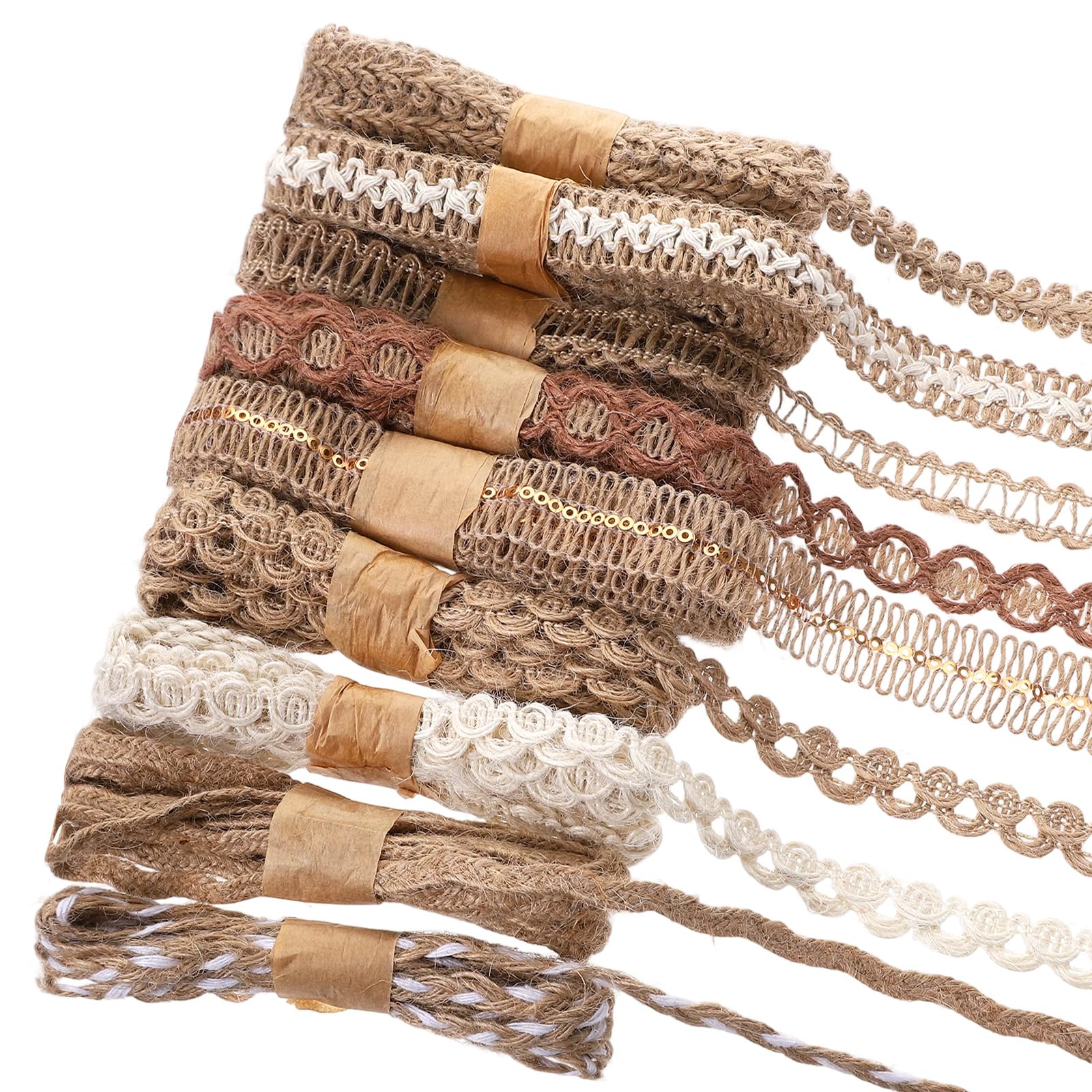 Xinjoduz 9 Rolls Natural Burlap Lace Ribbon Trim, 18 Meters Vintage Jute Ribbons for Crafts Decorative Ribbon for DIY Sewing, Rustic Wedding Decorations, Gift Wrapping & Party Supplies (9 Styles)