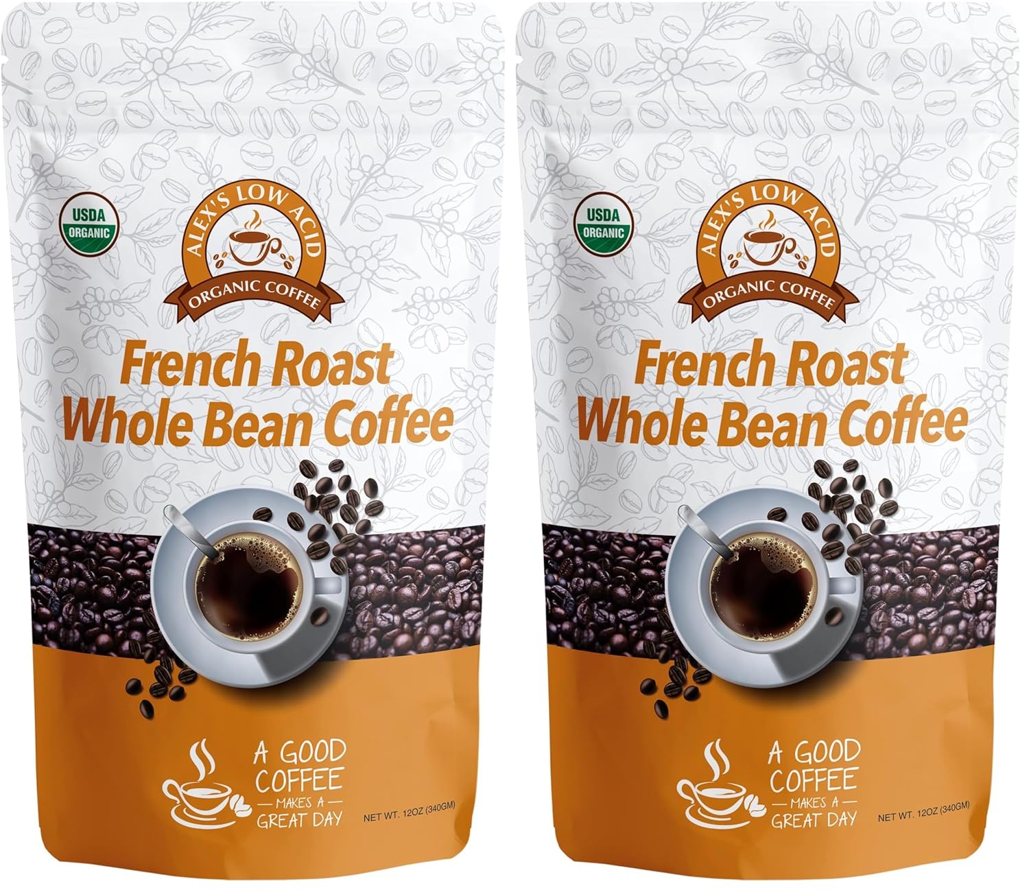 Alex's Low Acid Organic Coffee 12oz Bag - Whole Bean French Roast (Pack of 2)