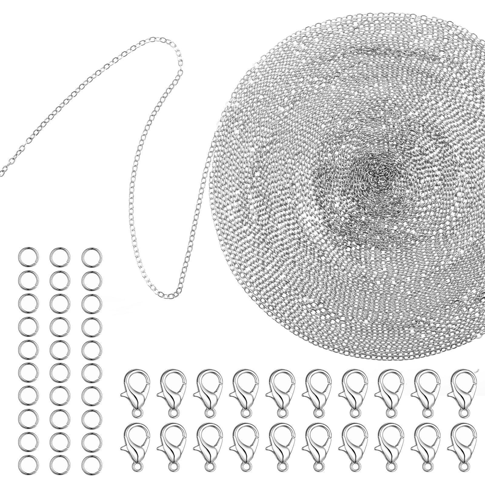 JJUNW 33 Feet Stainless Steel Jewelry Chains for Jewelry Making, Jewelry-Chain Bulk, with 30 Pieces Open Jump Rings & 20 Pieces Lobster Clasps Necklace Chains Flat Cable Link Chain Bulk Ideal for DIY