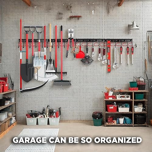 Miniatura 2 de Organizador de herramientas de jardín de metal de 68 pulgadas, sistema de organización resistente de pared de garaje y cobertizo, ganchos para pala,