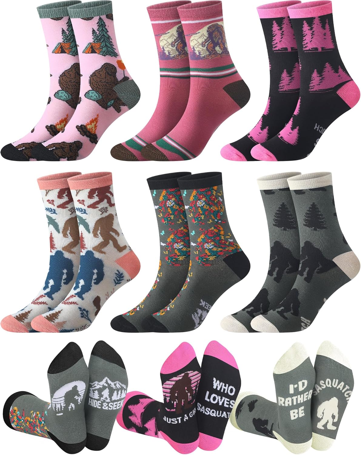 Haysandy 6 Pairs Sasquatch Novelty Socks for Men Women Funny Crew Socks Winter Stuff Gifts Ideas Family Friend Hide Seek