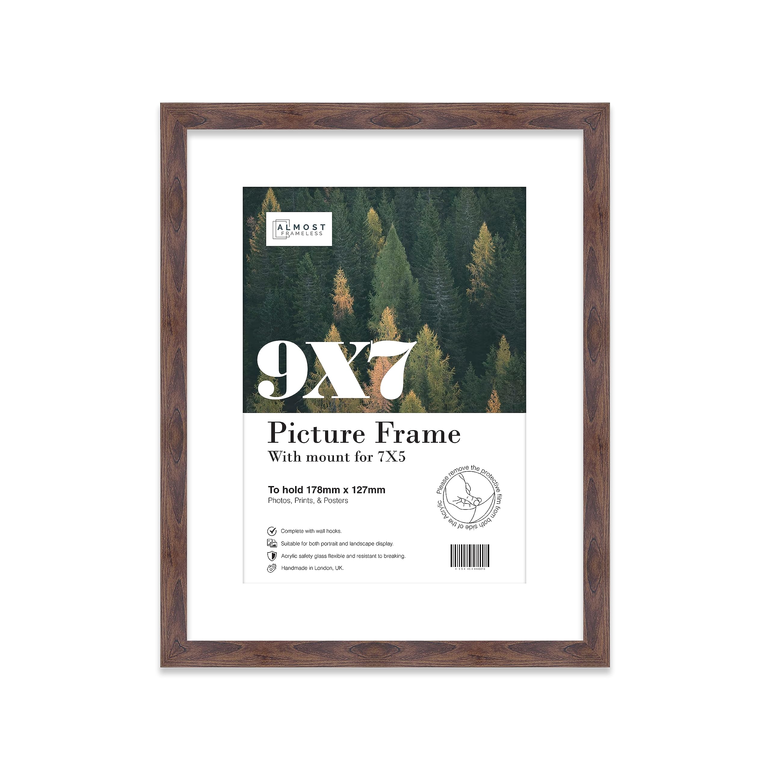 Almost Frameless 9x7 Walnut Picture Frame With Mount for 7x5 Print, Poster or Photo Poster, Photo, Artwork, or Print. Thin Edge Slim Frame Portrait and Landscape Display with Wall Hooks