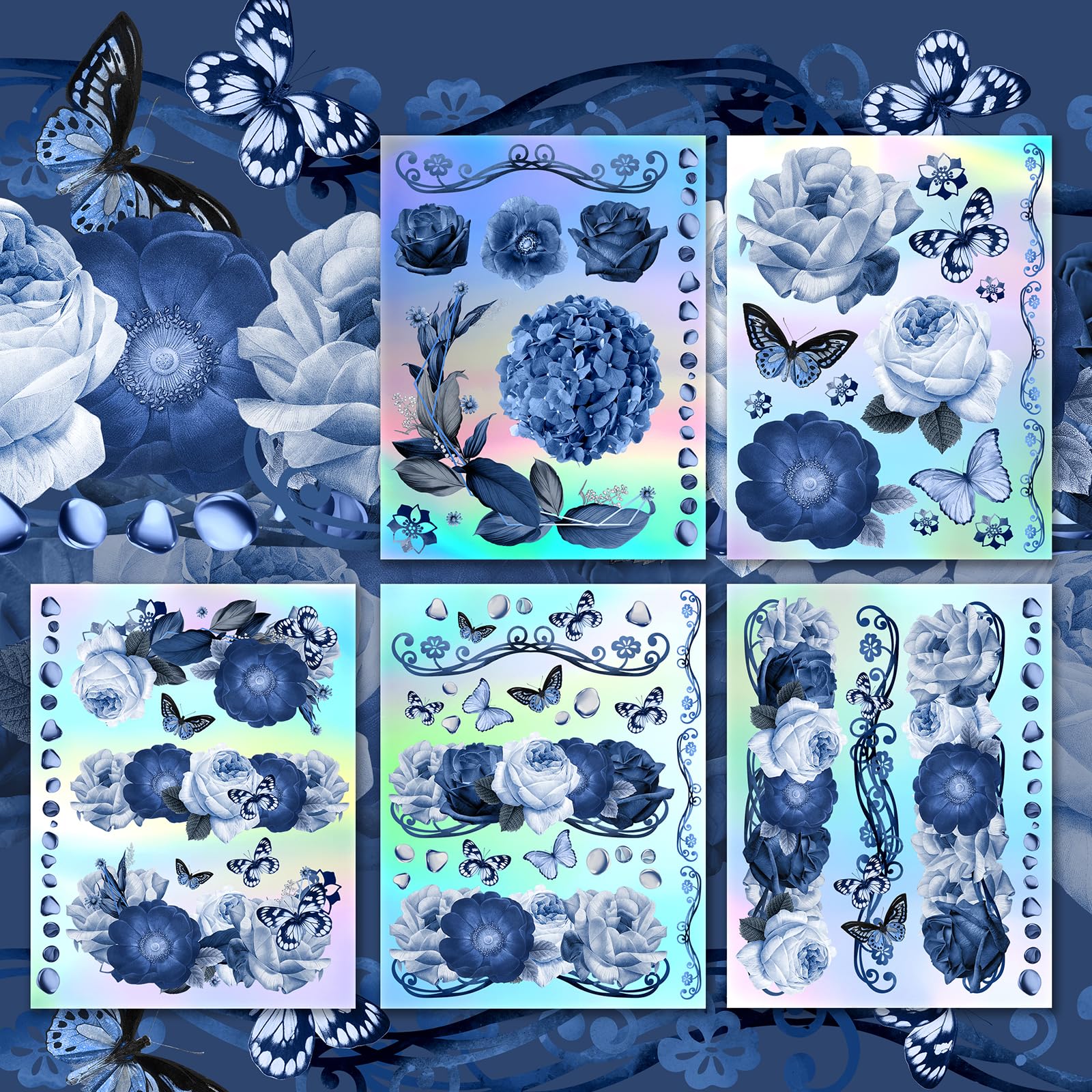 Holographic Stickers Pack # Blue Roses Dreams HANATABA Vintage Art Deco Styled Wall Laptop Large Vinyl Hologram Stickers Real Size Photorealistic Flowers