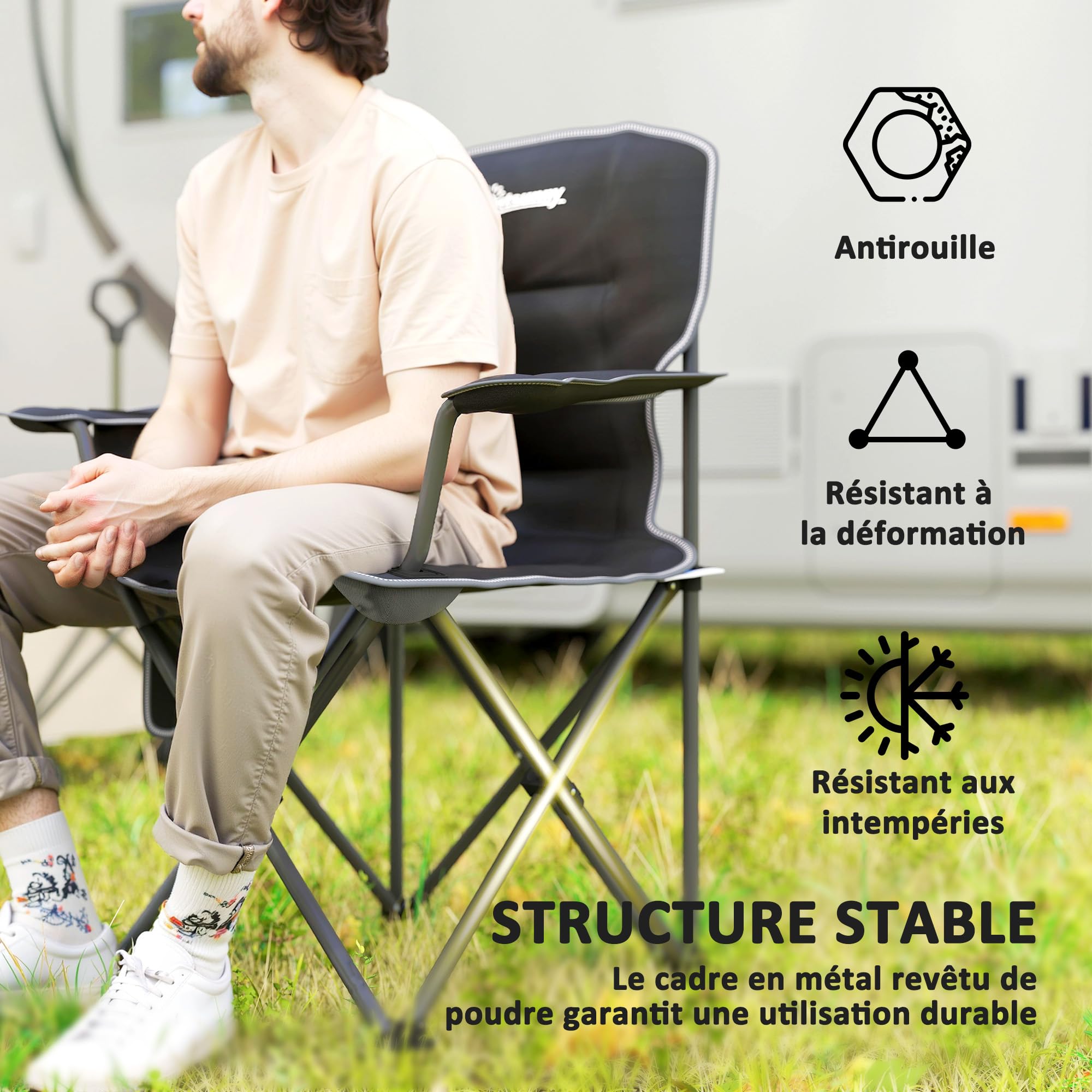Outsunny Chaise Pliante Camping, Chaise de pêche Portable, siège rembourré, Porte-gobelets, Poches latérales et Sac de Transport, Fauteuil Pliant pour randonnée, pêche, Plage et Pique-Nique, Noir
