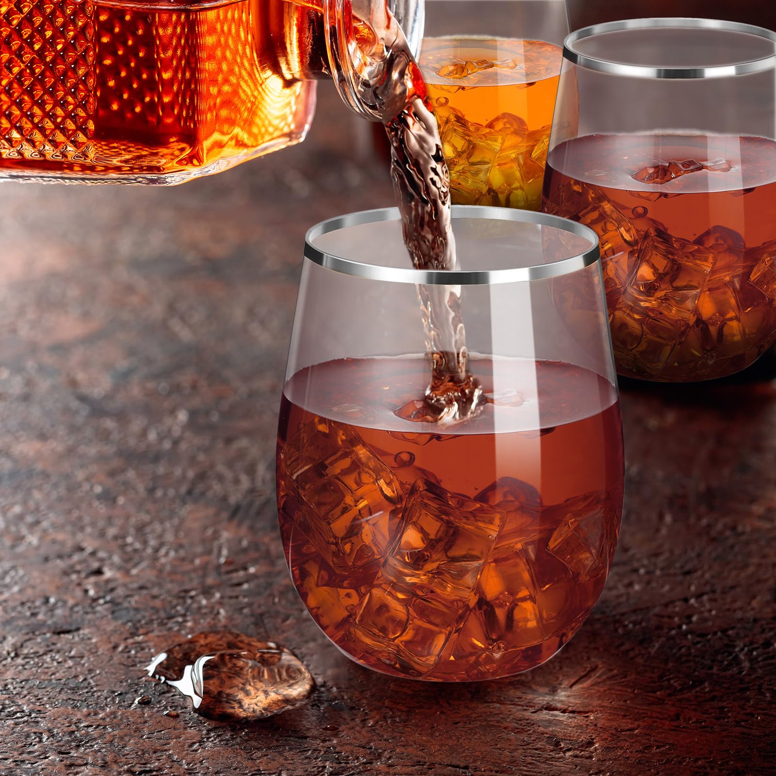 Bokon 100 Pack of 12Oz Stemless Wine Glasses Unbreakable Plastic Wine Glass Bulk Clear Shatterproof Reusable Drinking Cup for Christmas Party Gift Birthday Wedding Party Housewarming(Silver Rim)